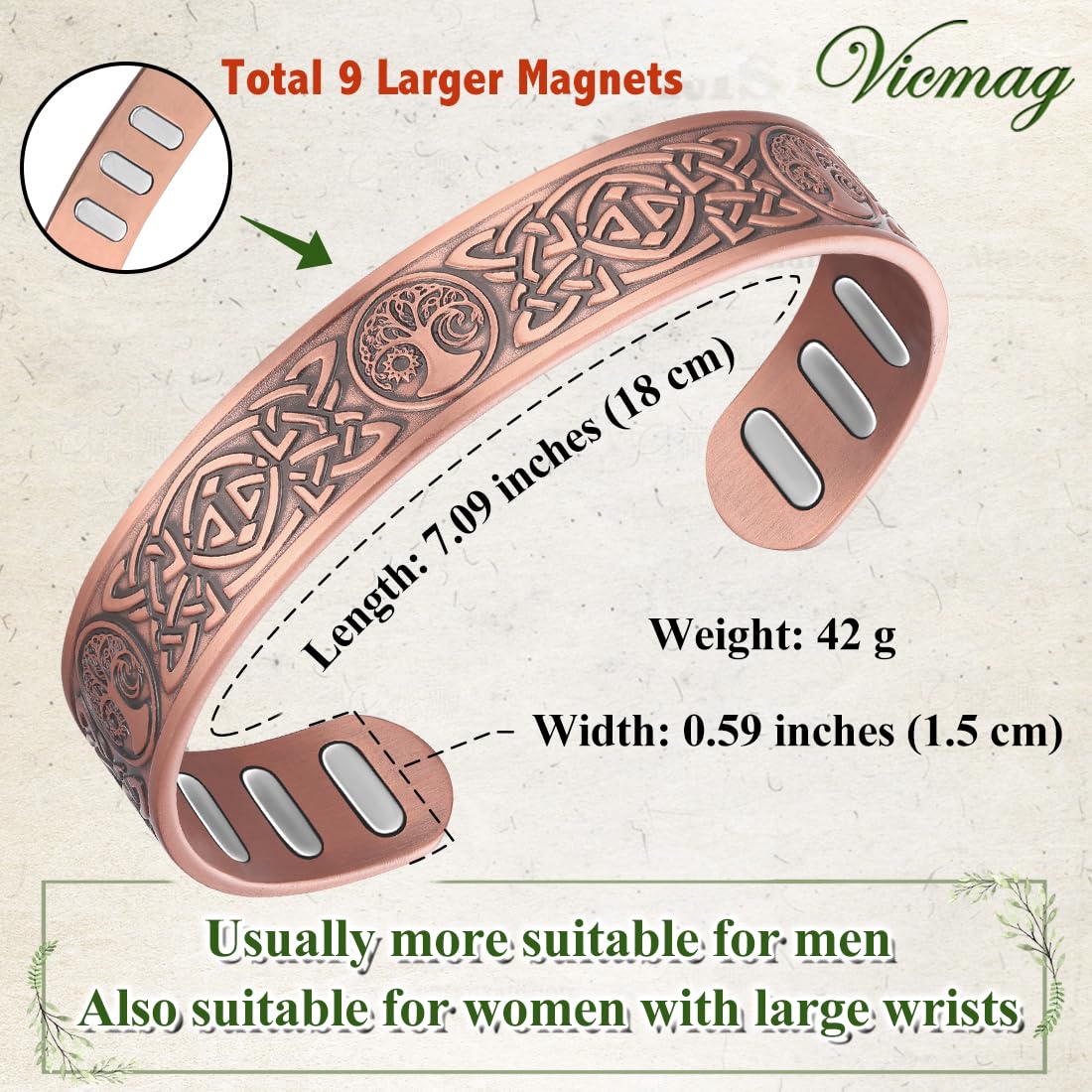 Vicmag Copper Bracelet for Men 9X Strength Magnetic 99% Pure Copper with 5000 Gauss Magnets, Tree of Life Present Box Adjustable(Celtic & Sun Moon Tree)