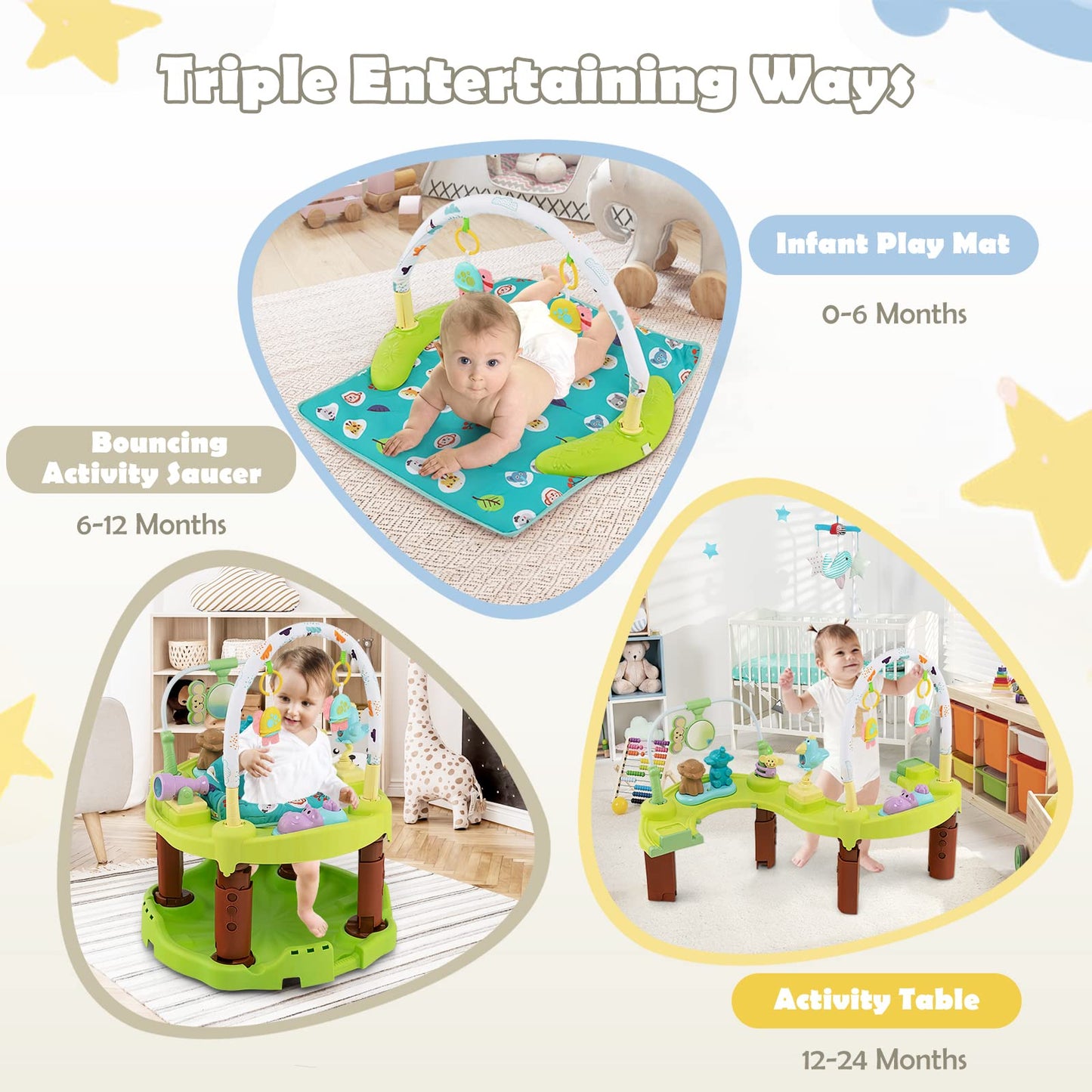 HONEY JOY Baby Bouncer Activity Center, 3-Stage Bouncing Activity Saucer & Playtime Mat & Activity Table, Toy-Bar, 3 Adjustable Heights, Foldable Activity Center for Infants & Toddlers(Green)