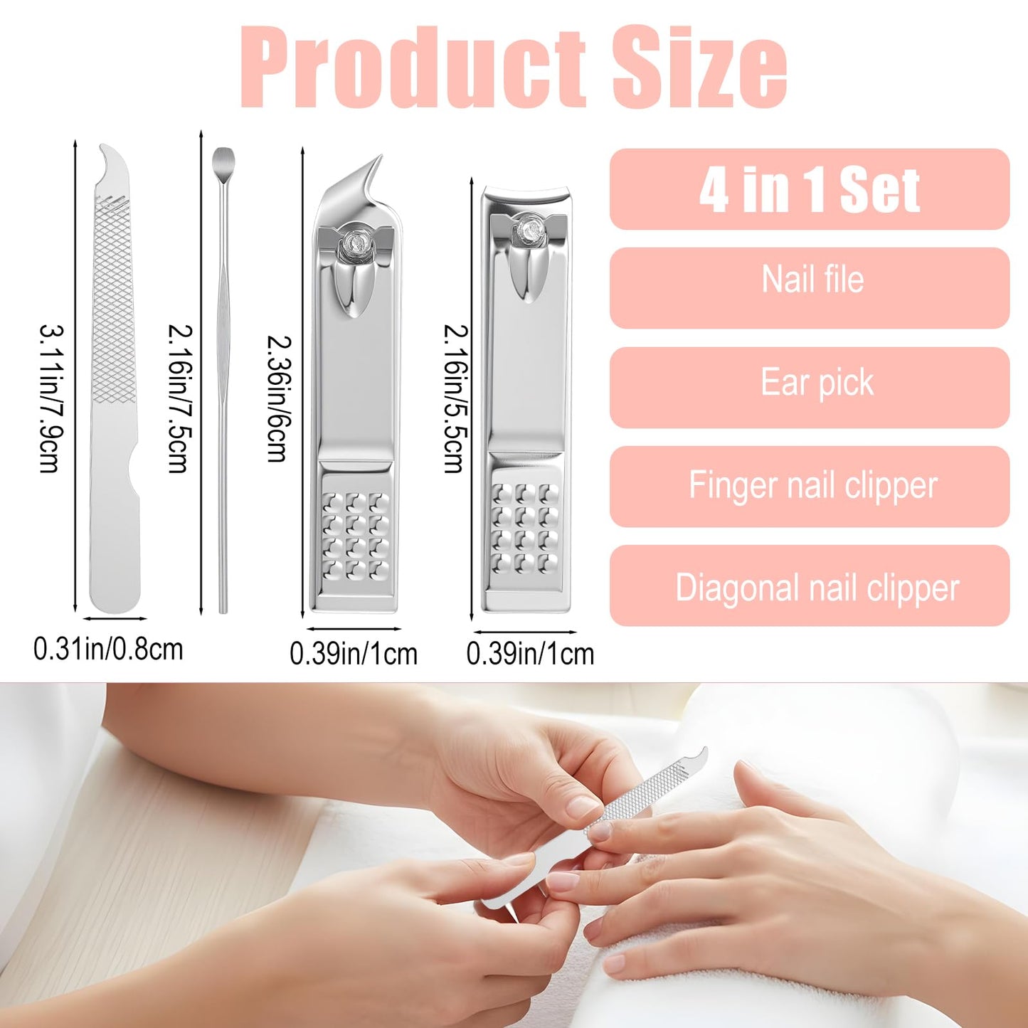 24 Sets Manicure Set Bulk, Pink Nail Clippers Kit Stainless Steel Fingernail Clippers Set, Sturdy Nail Tip Cutter Trimmers Professional Grooming Toenail Clipper Personal Pedicure Kits Gift (4 in 1)