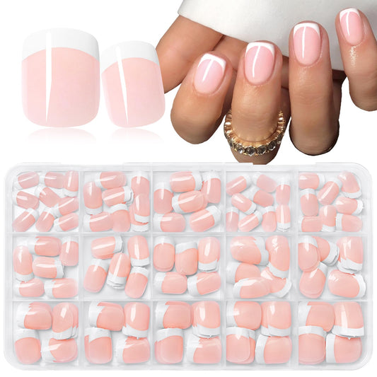 240pc White French Tips Press on Nails Square Fake Nails with Tabs, Extra Short Nails Press ons French Tip Acrylic Nails Nude Pink Glue ons Nails Short False Fingernail Stick on Nails for Women
