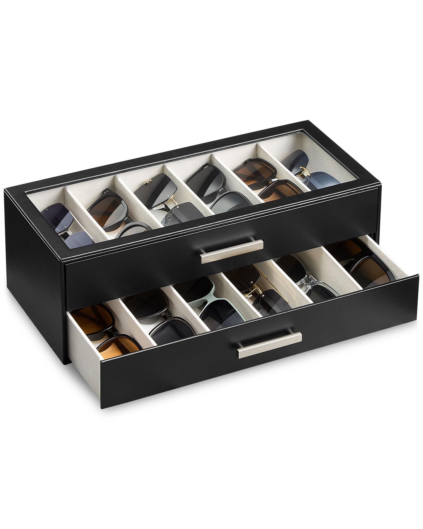 ProCase 24 Slots Sunglasses Organizer, 4-Layer Eyeglass Holder with Clear Glass Lid, PU Leather Glasses Storage Display Case for Men Women -Black