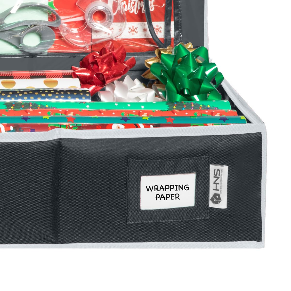 HOLDN' STORAGE Premium Wrapping Paper Storage Container - Durable 600D Tear-Proof, Fits 27 Rolls Gift Wrap, Extra Pockets for Ribbons & Bows, Underbed Storage - Ideal for Holiday Christmas, Black/White Trim