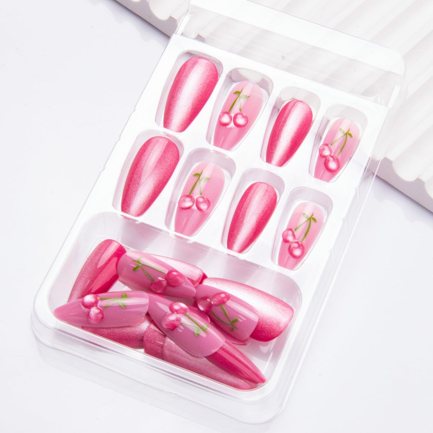 Almond Press on Nails Pink Cat Eye Fake Nails Medium Cherry False Nails Press ons Glossy Cute Acrylic Nails Shiny Summer Glue on Nails for Women Nail Decoration 24Pcs