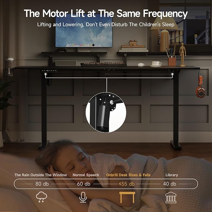 ONBRILL Standing Desk with 2 Adjustable Monitor Shelves, 63 x 24 Inches Electric Stand Up Desk with Memory Controller and Adjustable Height from 28-46 inches for Computer Workstations, All Black