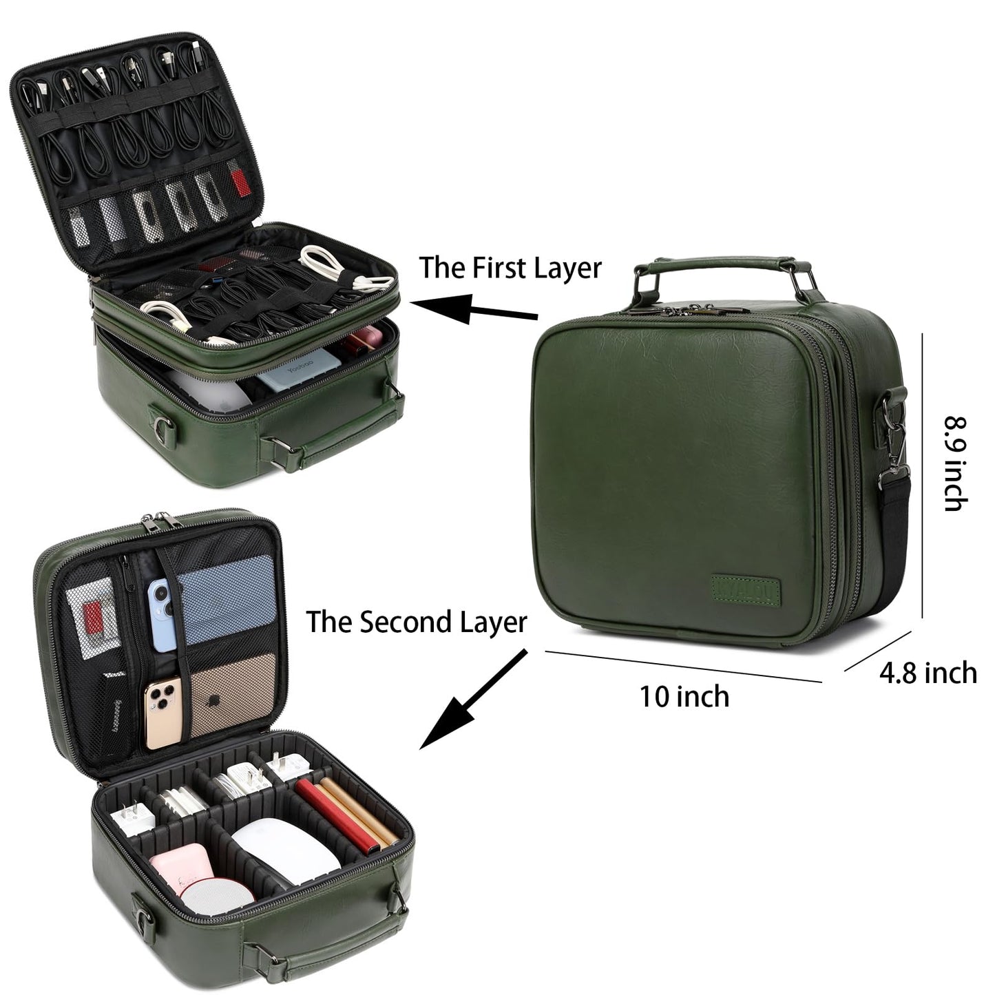 KYALOU Electronics Travel Organizer, Large Electronic Accessories Cable Case with Adjustable Dividers, Waterproof Tech Storage Bag Gifts with Double Layers for Cord, Charger, Power Bank - Olive Green