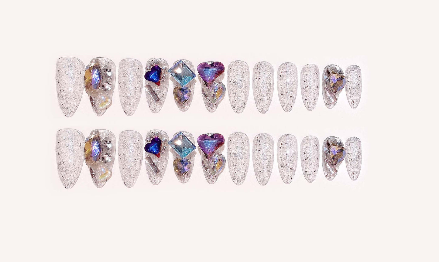 QQPPOLIU Almond Press on Nails Medium False Nails Stiletto Handmade Glue on Nails with 3D Big Jewel Rhinestones Designs Full Cover Nails Silver Glitter Press Ons Gift for Mother's day (Transparency)