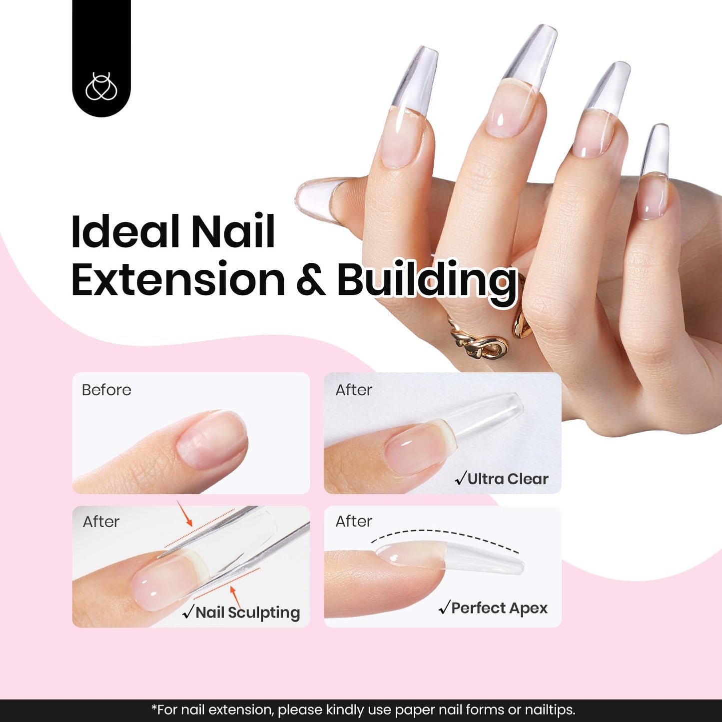 Beetles Hema Free Hard Gel for Nails,2.12 oz 9 in 1 Hard Gel for Nail Extension & Strengthening Broken Nail Repair with Flat Brush 100 Pcs Nail Forms UV LED Lamp Cured Salon Nail Technicians Women
