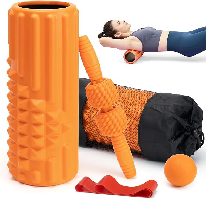 5 in 1 Foam Roller Set, Trigger Point Back Roller, Muscle Roller Stick, Massage Ball, Massage Roller, Resistance Band for Deep Tissue Massage Fitness Exercise Yoga Pilates(Orange)