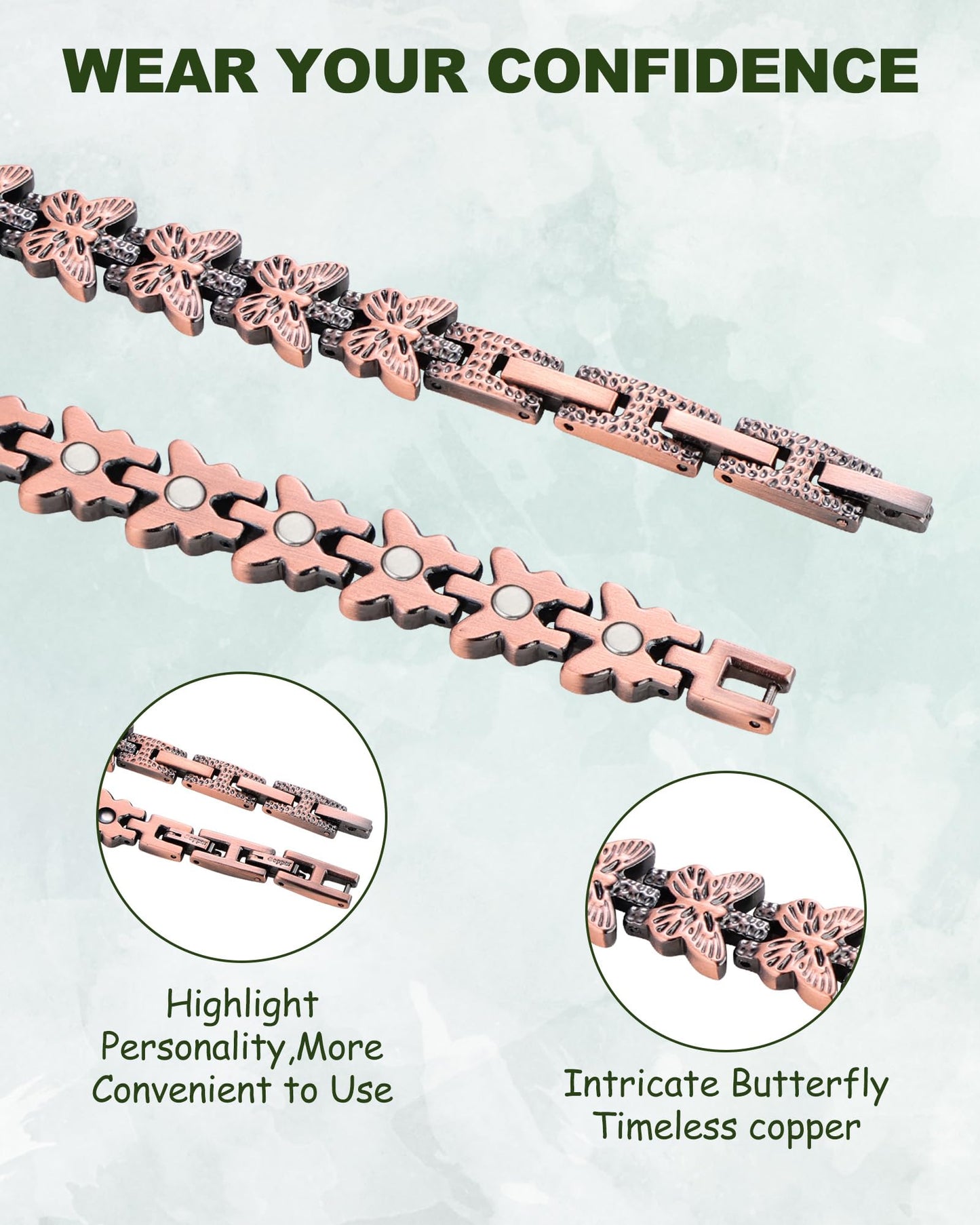 MagEnergy Copper Bracelet for Women, 99.99% Pure Solid Copper Bracelet with 3500 Gauss Magnetic, Adjustable, Jewelry Gift (Copper-Butterfly+Ring/A)