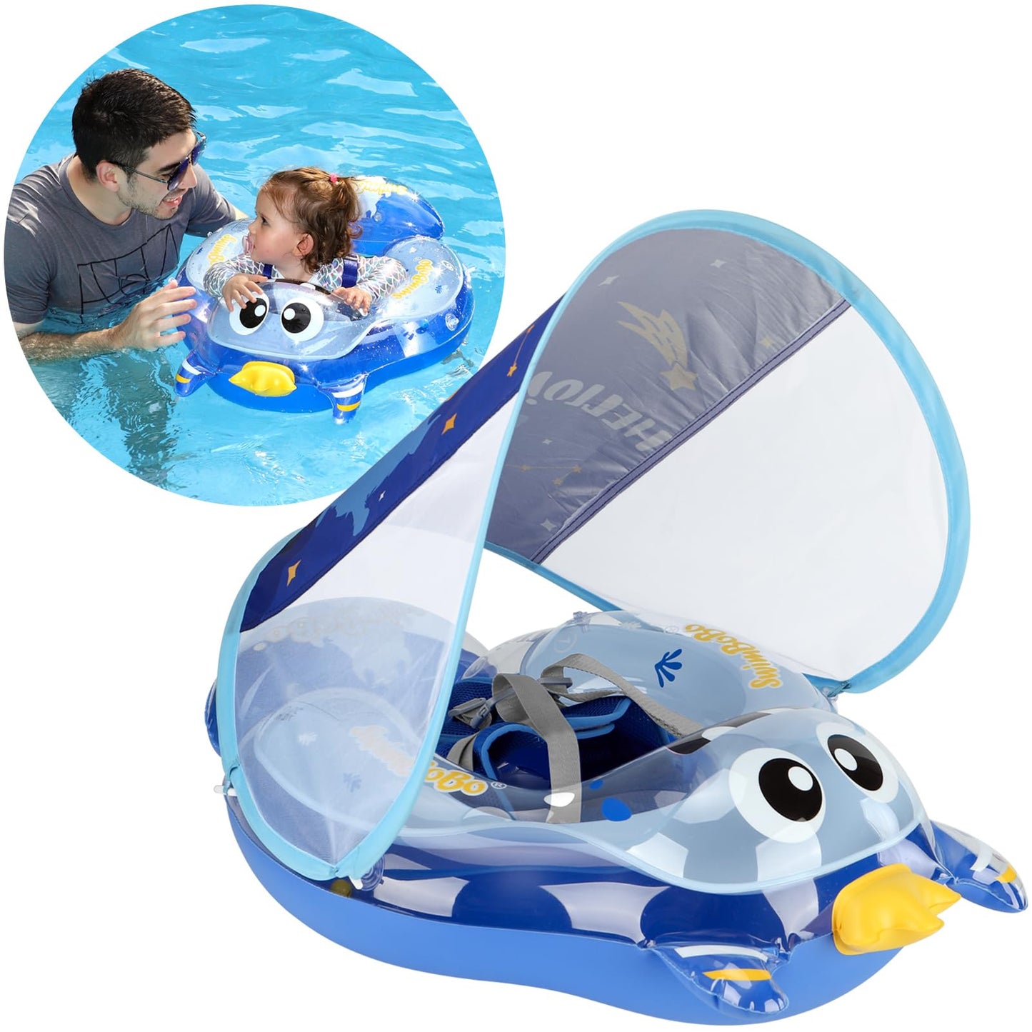 Swimbobo Infant Pool Float with Sun Canopy Inflatable Baby Swimming Floatie with Sponge Safety Bottom Support Water Toys Swim Trainer(Blue Monster,Large)