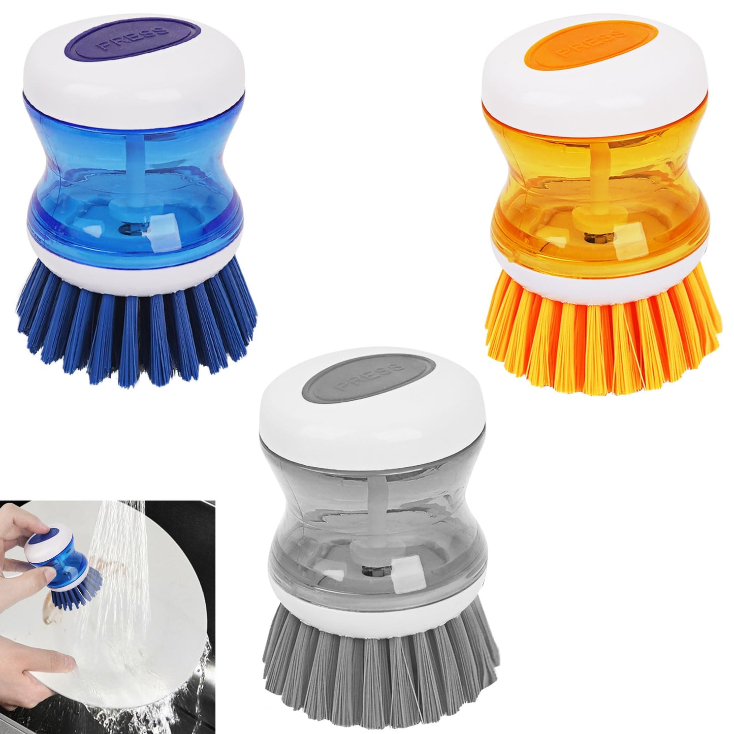 JANKOW Dish Scrubber with Soap Dispenser, 3 Pack Soap Dispensing Palm Brush for Kitchen Sink Pot Pan, Color Coded Dishwashing Scrub Brush Set (Gray, Blue, Orange), Non-Scratch Cleaning Tool
