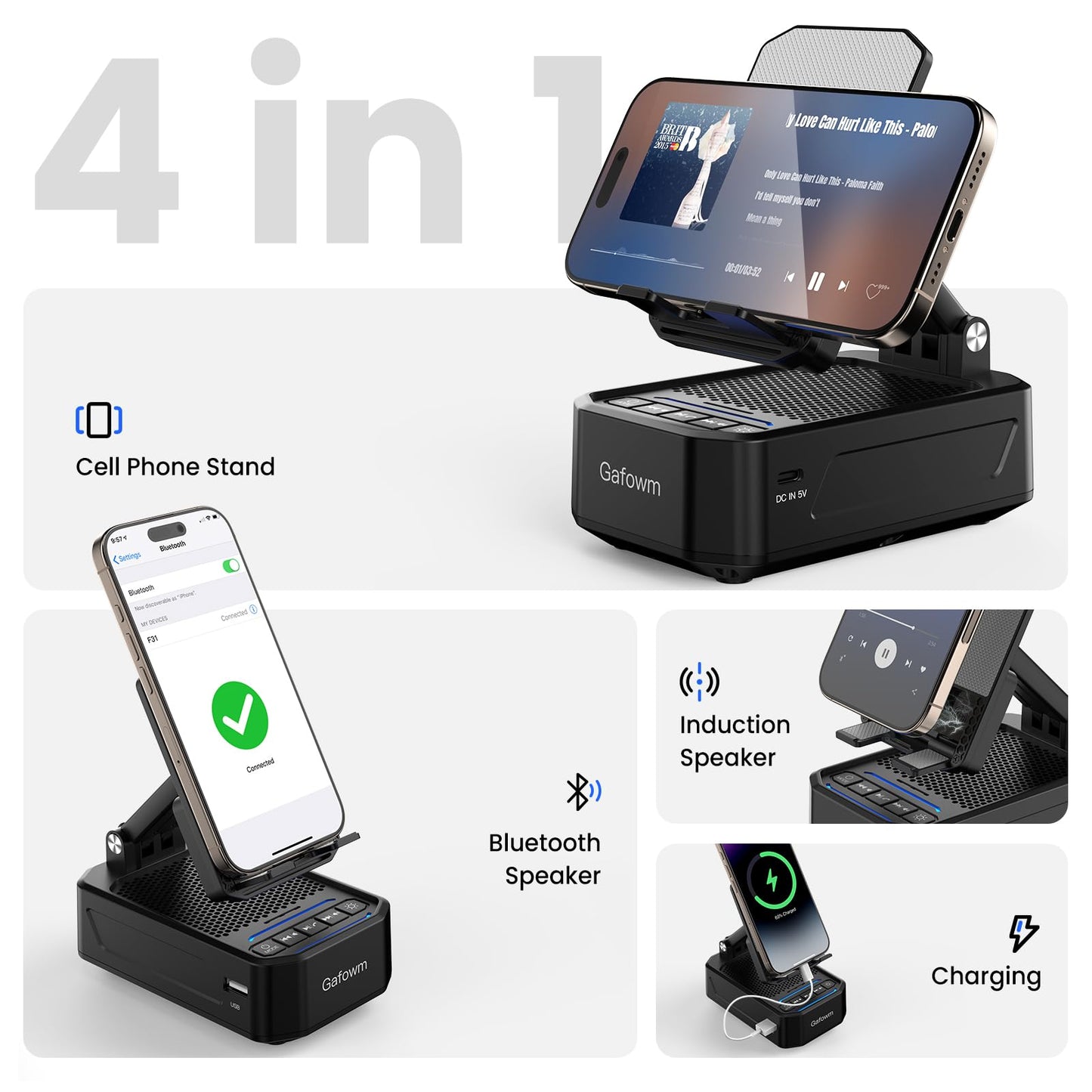 Cell Phone Stand with Instant Wireless Induction Bluetooth Speaker, No Bluetooth Pairing Needed, 1-Second Connection, HD Surround Sound, Practical Gifts for men, women, Dad, Mom, Hearing Impaired