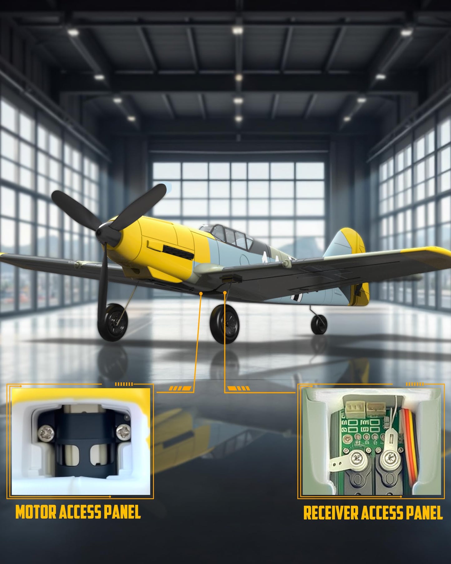 volantexrc RC Plane, 4 Channel Remote Control Airplane BF109 Fighter RTF with Aileron, Gyro, Aerobatics & 3 Modes Easy to Fly, Hobby Radio Controlled Aircraft for Beginners & Adults (Yellow)