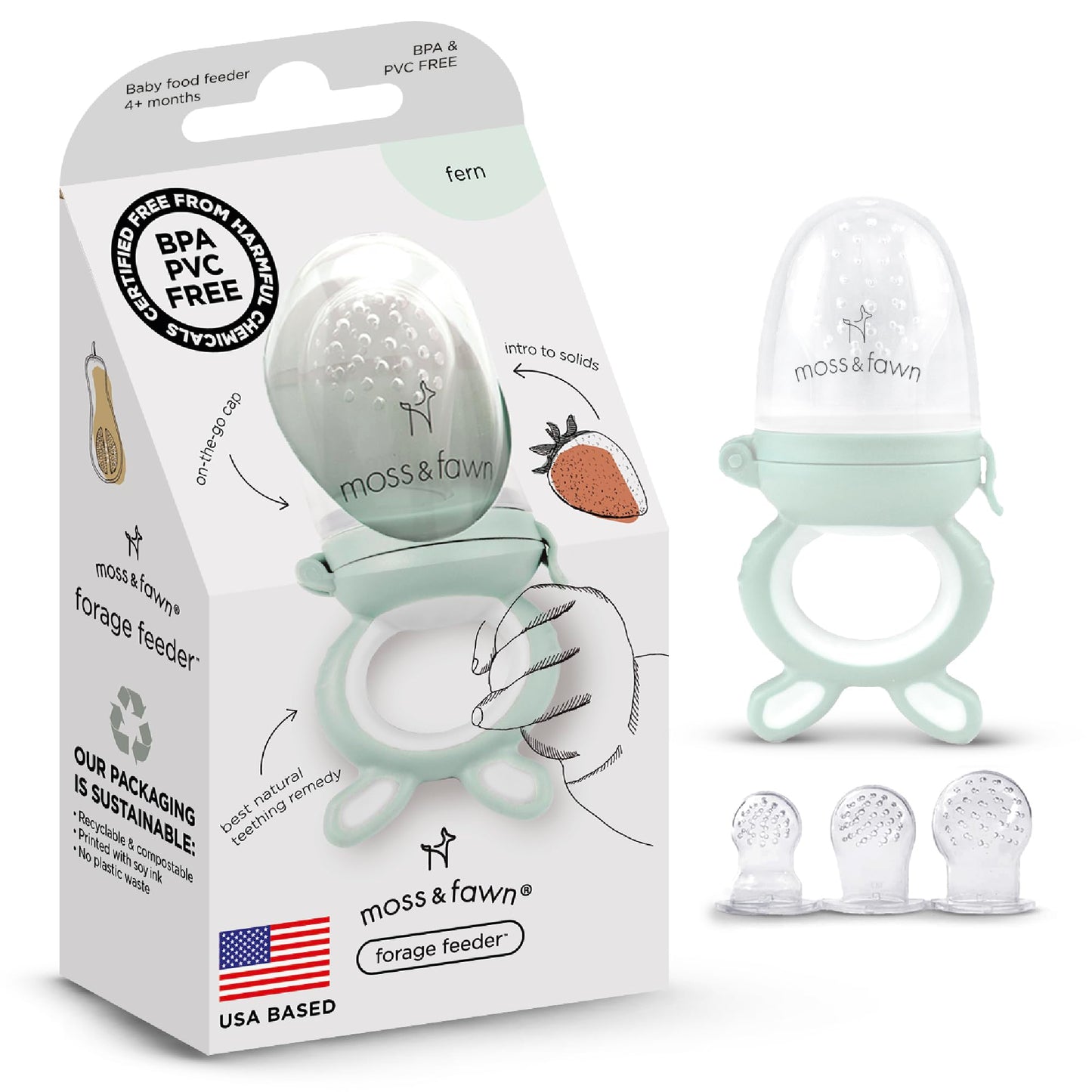 Moss and Fawn Forage Feeder - Baby Fruit Feeder, Frozen Breast Milk Popsicle Teether & Pacifier - BPA, PVC & Phthalate-Free - Fern