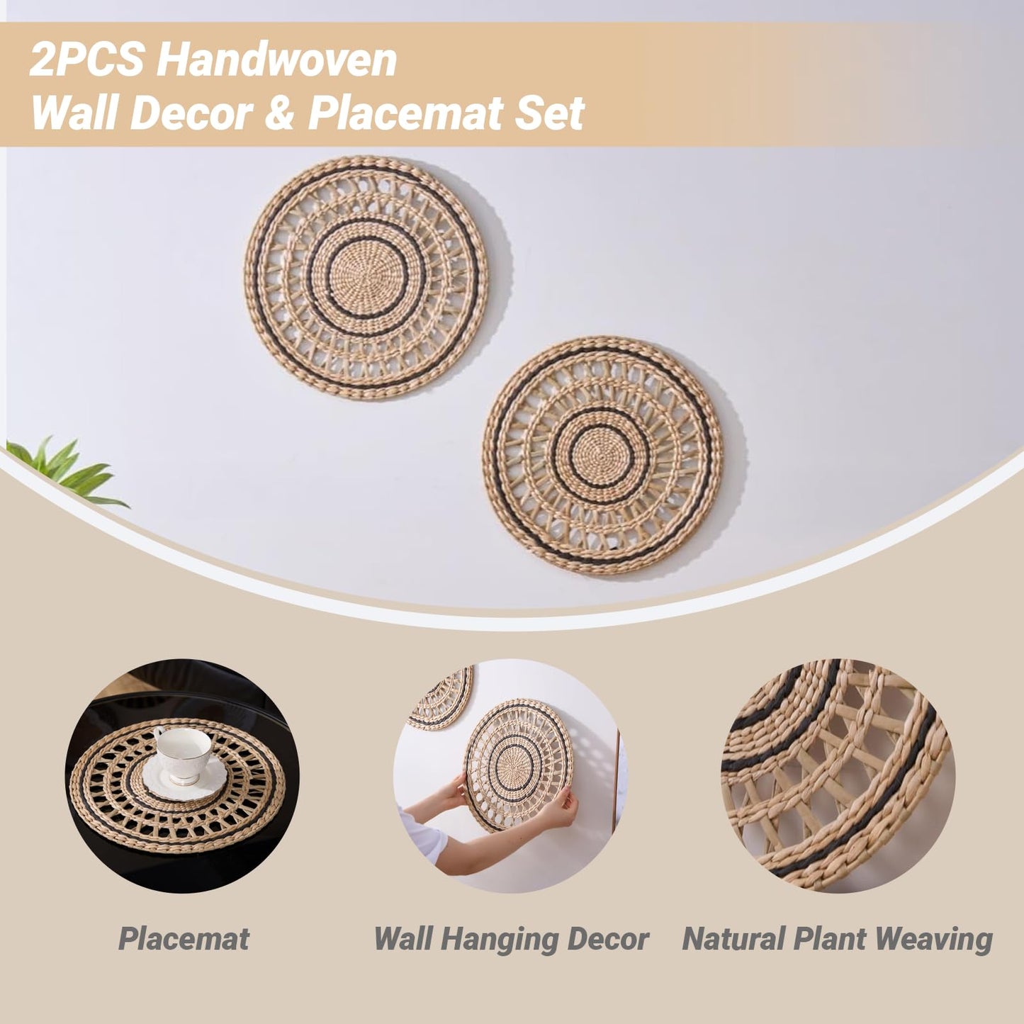 Deosur 2PCS Boho Woven Grass Wall Hanging & Tray – 35CM Handmade Round Wall Art for Living Room & Bedroom – Dual-Purpose, in Black