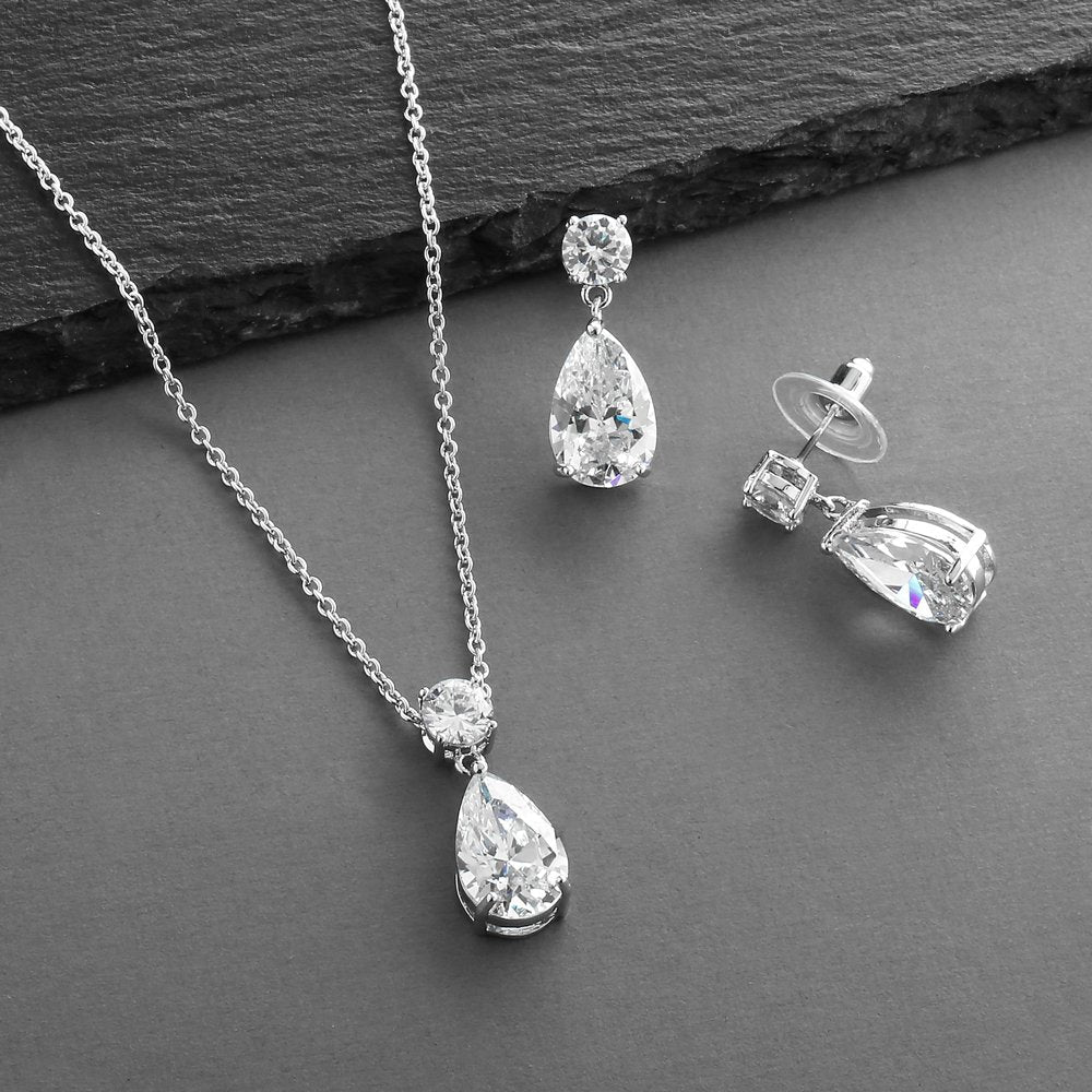 Mariell Glamorous Pear-Shaped Cubic Zirconia Wedding Necklace and Earrings Set for Brides or Bridesmaids