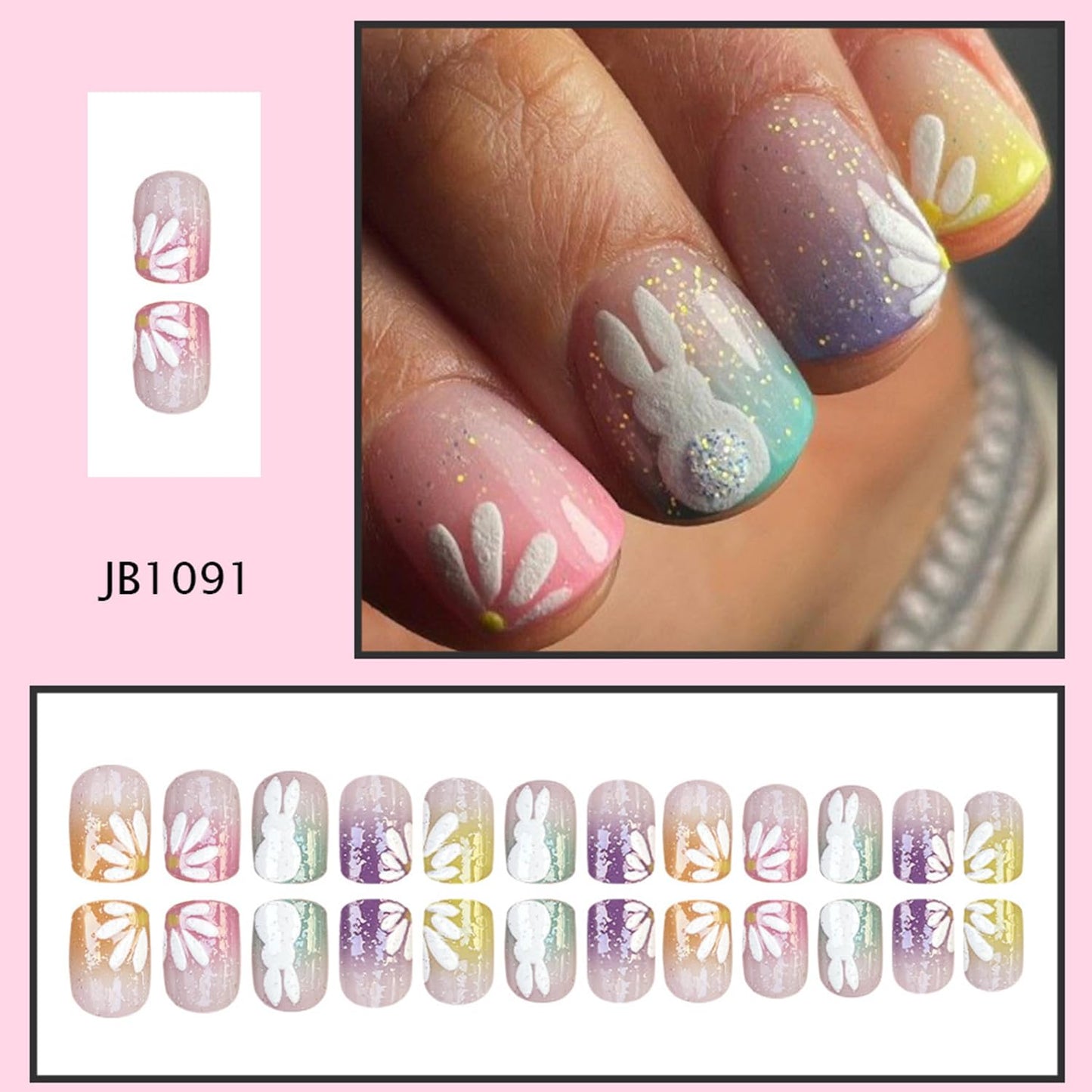 Flowers MultiColor Easter Press on Nails Short Square Artificial Fingernails White Rabbit Floral with Gradient Glitter Spring Full Cover Glossy Press Ons Artificial Acrylic Nails for Women Manicure