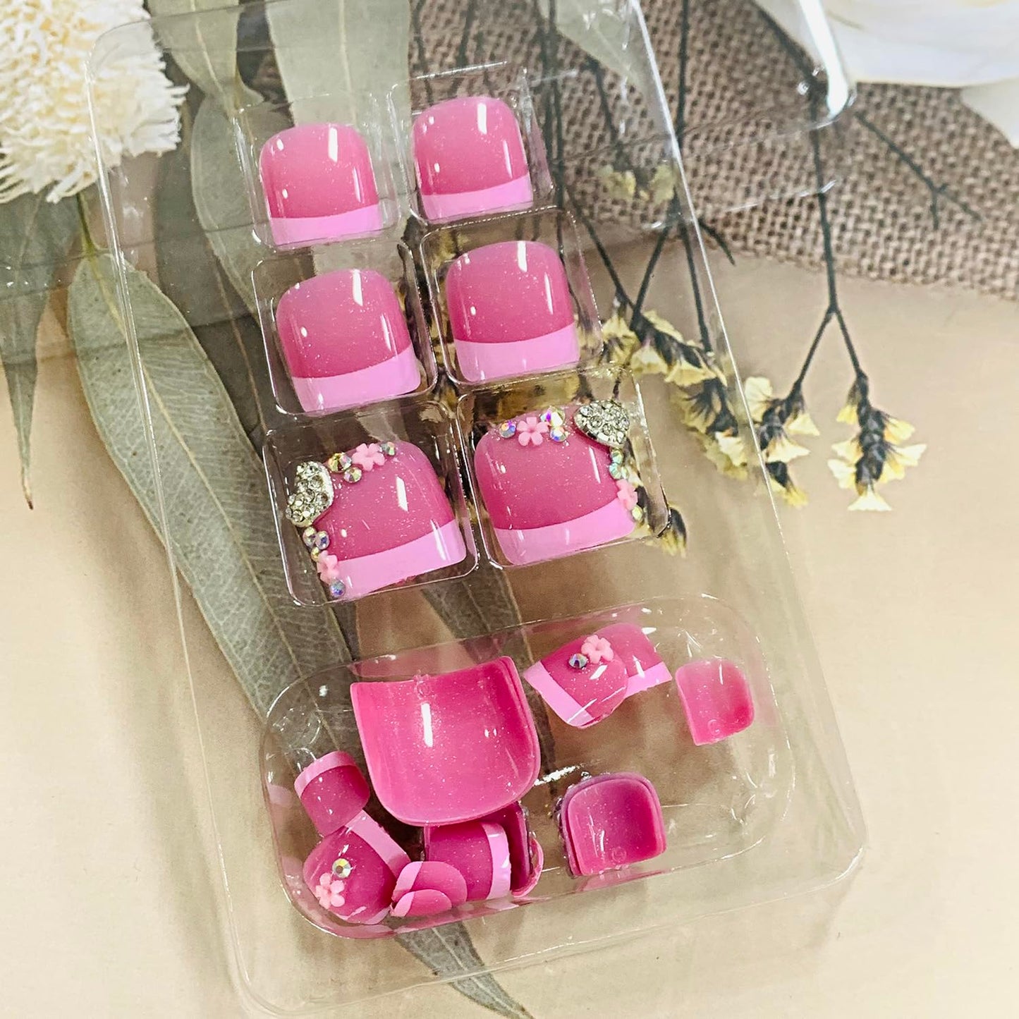 FIEONCIY Press on Toenails with Designs Acrylic Fake Nails for Toe Artificial False Nails with Charms Glue on Toe Nails for Spring Summer Stick on Toenails for Women Girls(XH11204)