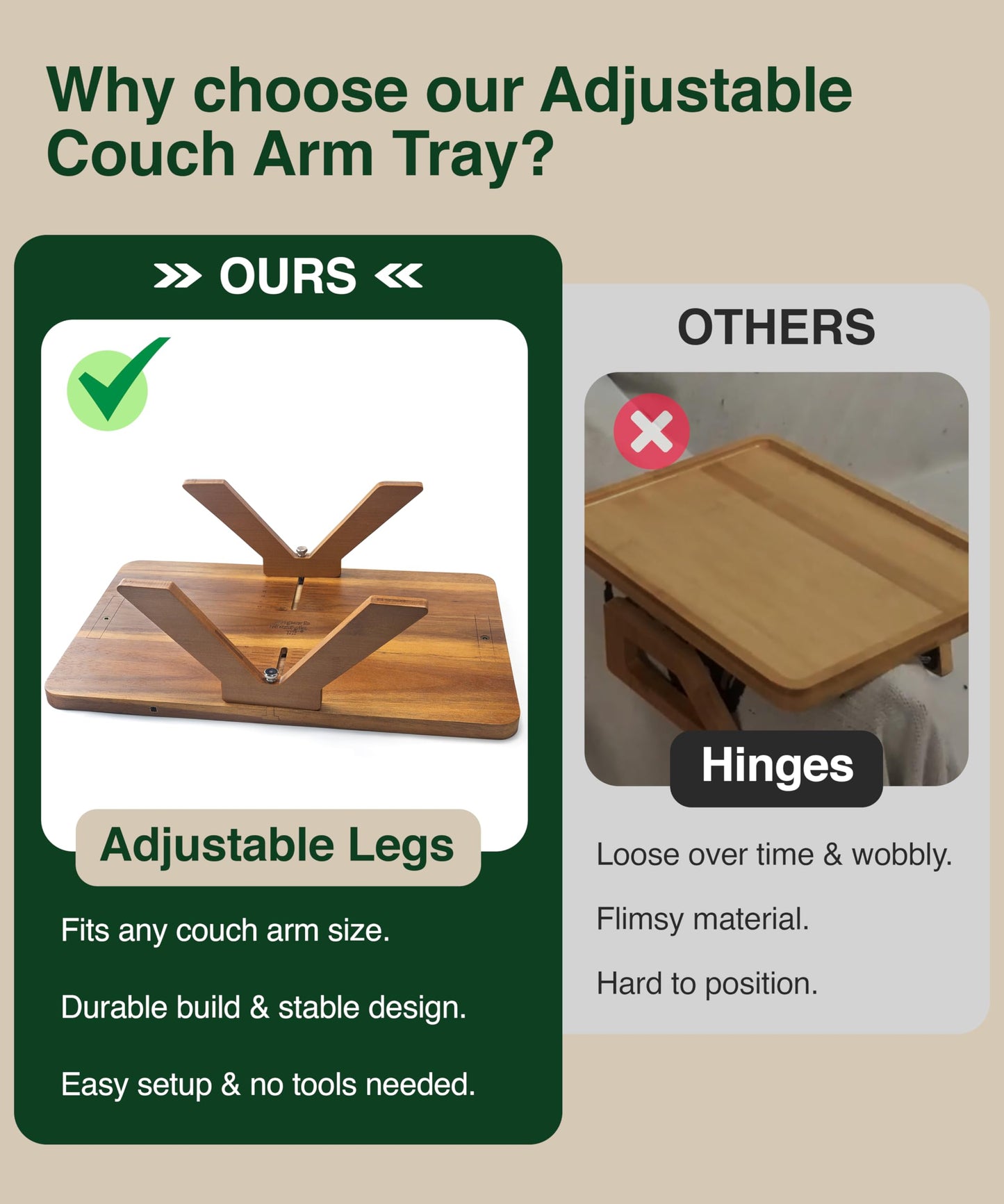 Acacia Couch Arm Tray Table – 2 in 1 Adjustable Couch Arm Table Fits Most Sofa Arms with 360° Rotating Phone Holder, Wire Holder & Non-Slip Mat – Elegant Sofa Tray for Snacks & Coffee