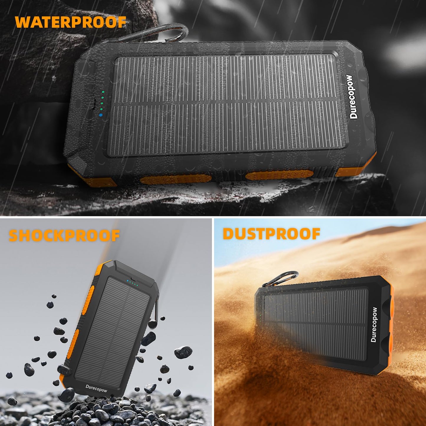 Durecopow Solar Charger Power Bank 20,000mAh, Portable Charger, 4 Cables 3 Ports Fast Charging External Battery Pack with USB C for Cell Phones, Solar Panel Charger with Dual Flashlight for Camping