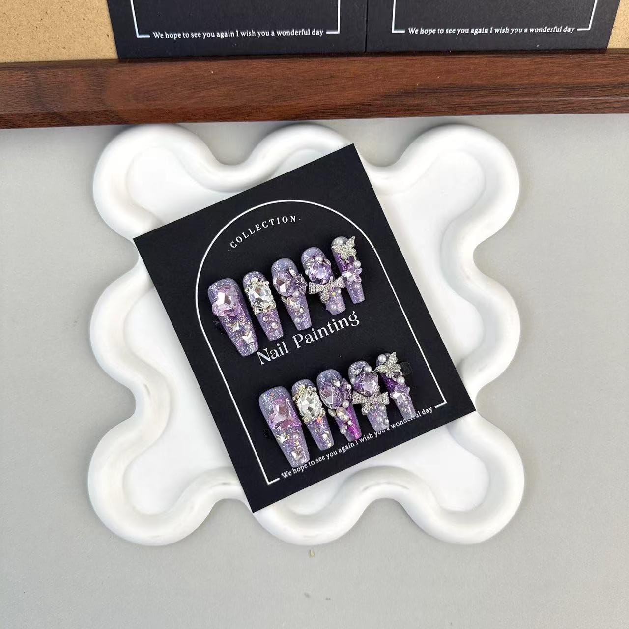 100% Handmade Press on Nails Diamond Long Coffin Fake Nails Purple Glitter False Nails with Rhinestone Design Silver Butterfly Nail Charms Glue on Nails Handmade Nail Press ons for Women Size L