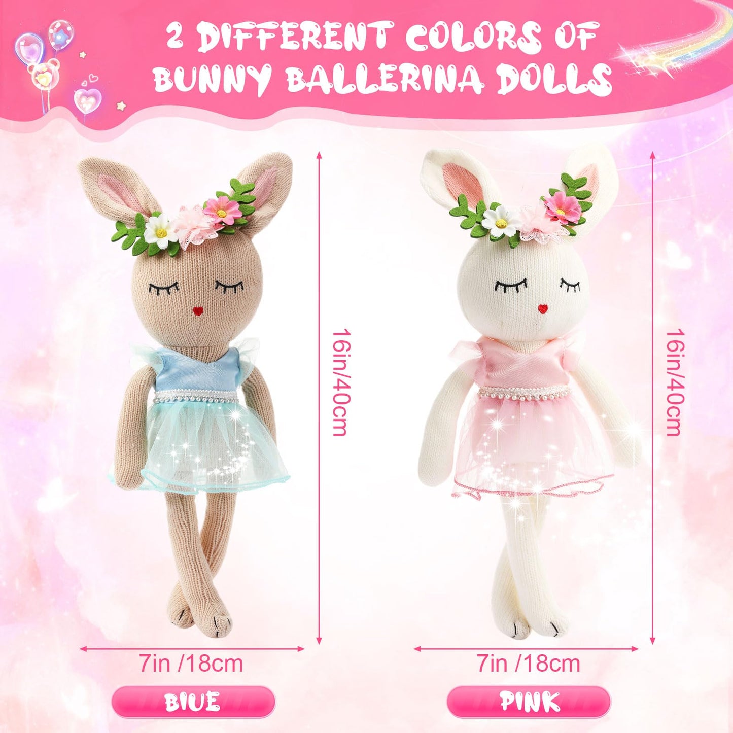 Meooeck 2-piece 16 Inch Bunny Ballerina Doll - Cute Soft Bunny Stuffed Animal Knitted Ballerina Toy, 2 Colors