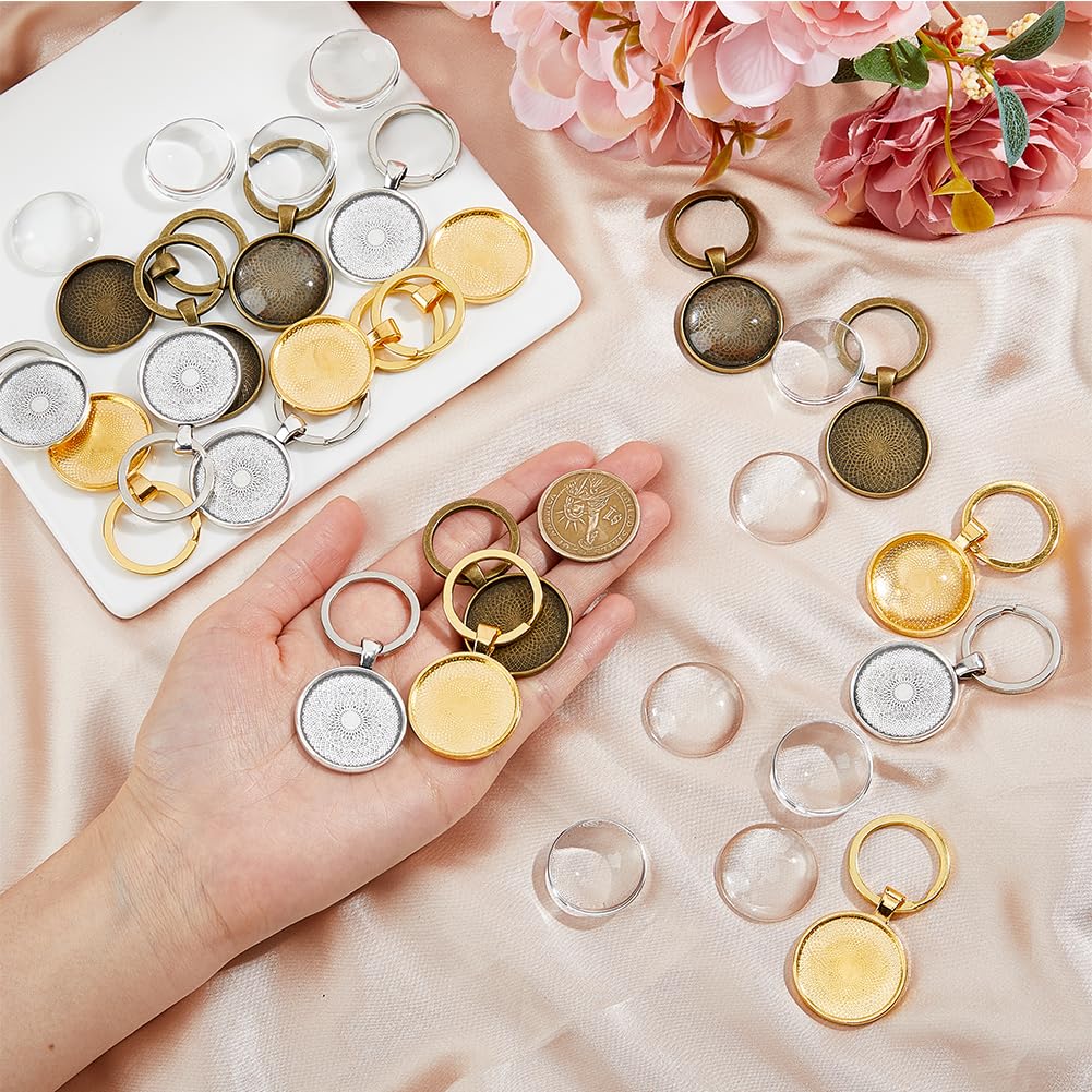 DICOSMETIC 18 Sets 3 Colors Keychain Pendant Tray Alloy Blanks Cabochon Settings and Glass Cabochons DIY Blank Dome Keychain Making Kit for Photo Resin Personalized Crafting