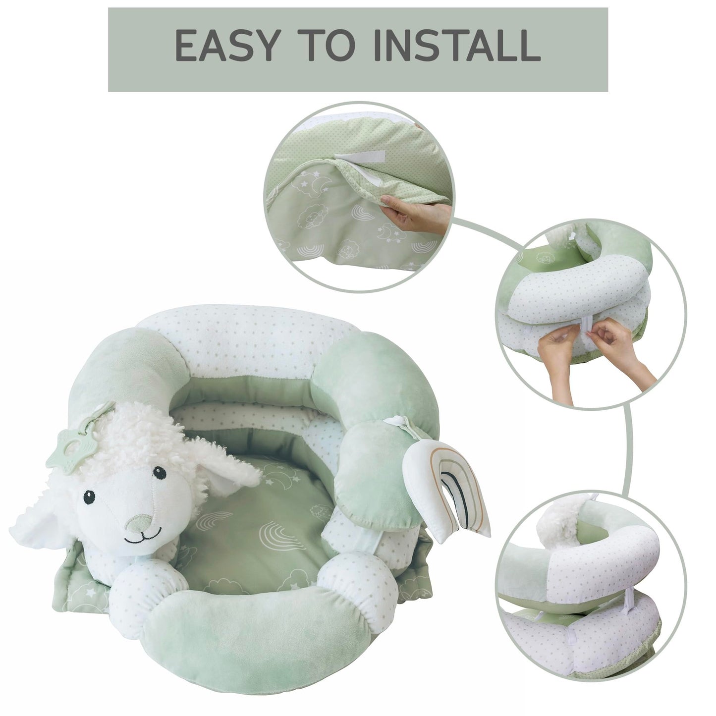 Aila+Aiden 2-in-1 Tummy Time Mat and Seated Support with Sensory Toys – for Newborns and Babies – Includes Detachable Cushion for Supervised Play & Head/Neck Development (Sage)