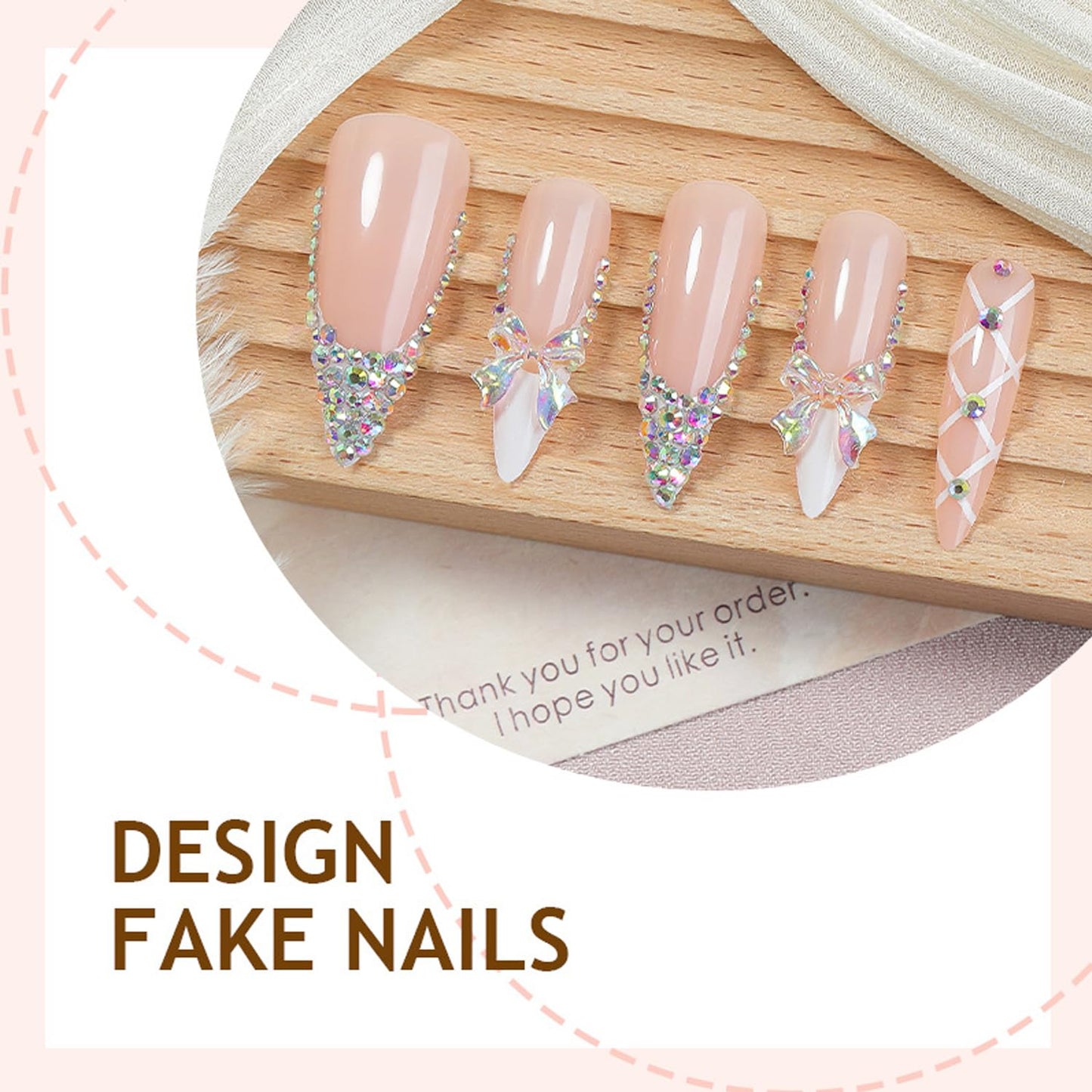 24Pcs White French Tip Press on Nails Long Stiletto Fake Nails with 3D Rhinestone Design False Nails Holographic Bow Glue on Nail Nude Glossy Full Cover Cute Bow-Knot Artificial Acrylic Nail for Women
