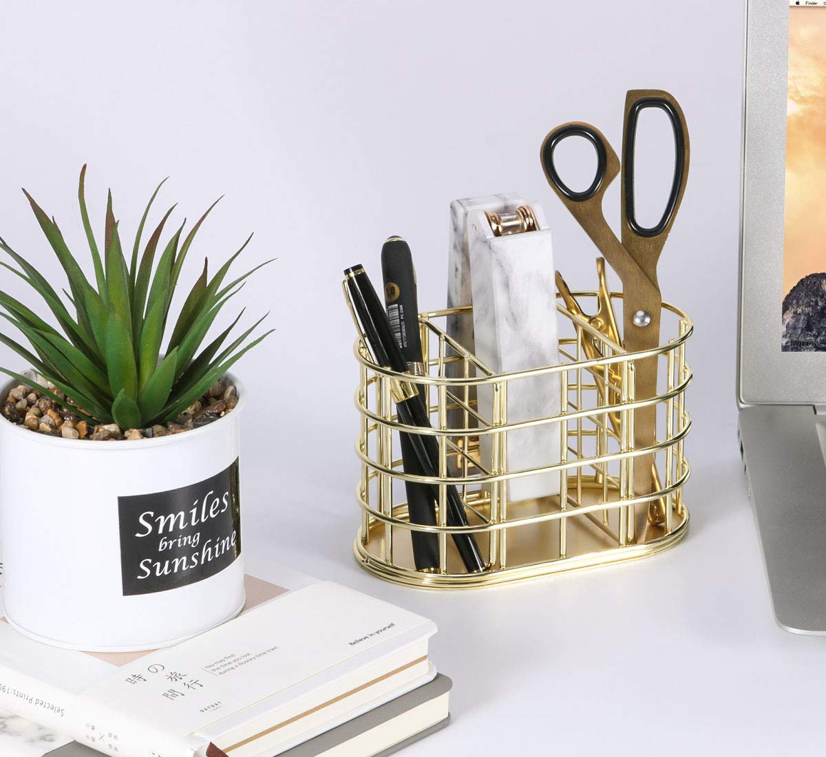 Nugorise Pen Holder, 3 Compartment Metal Pencil Holder Stationery Organizer, Decorative Desktop Storage Holder for Office Supplies, Gold