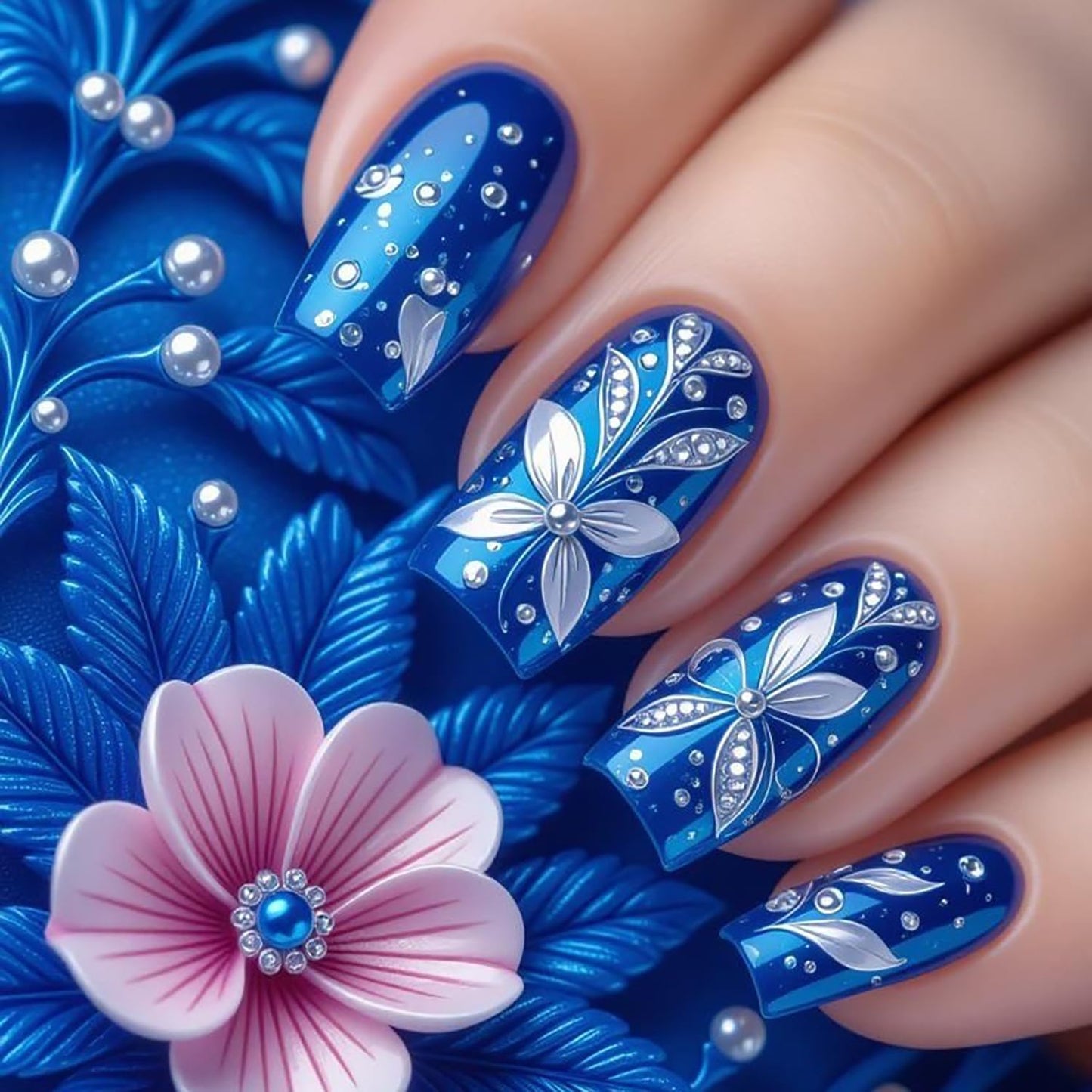 Dark Blue Press on Nails Short Square Fake Nails with White Flower Leaf Pearls Design Floral False Nail Acrylic Spring Summer Stick on Nail for Women 24Pcs