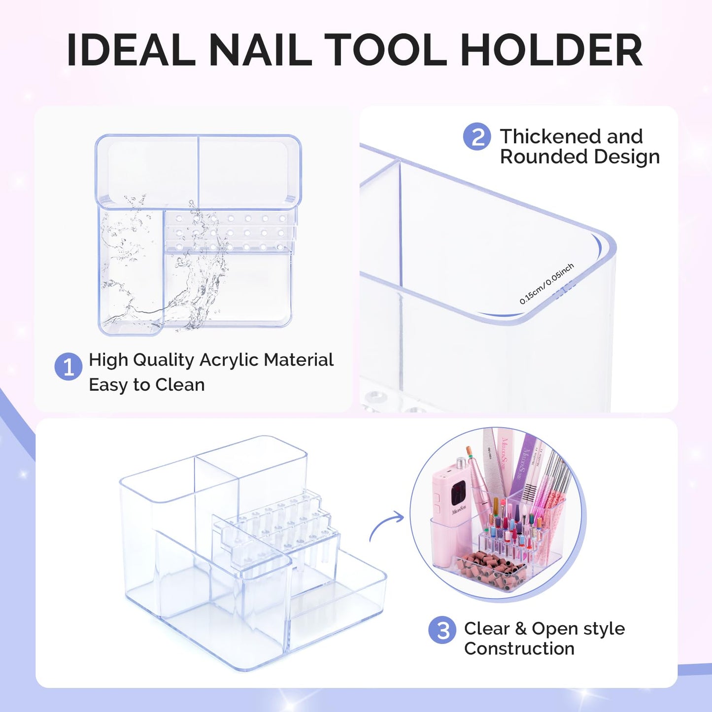 MelodySusie Nail Drill Holder, 21 Holes Nail Drill Bits Holder, Professional Acrylic Nail Tools Storage Box, Organizer Displayer for Manicure Efile Accessories Nail Drill Kit, Salon Home, Clear