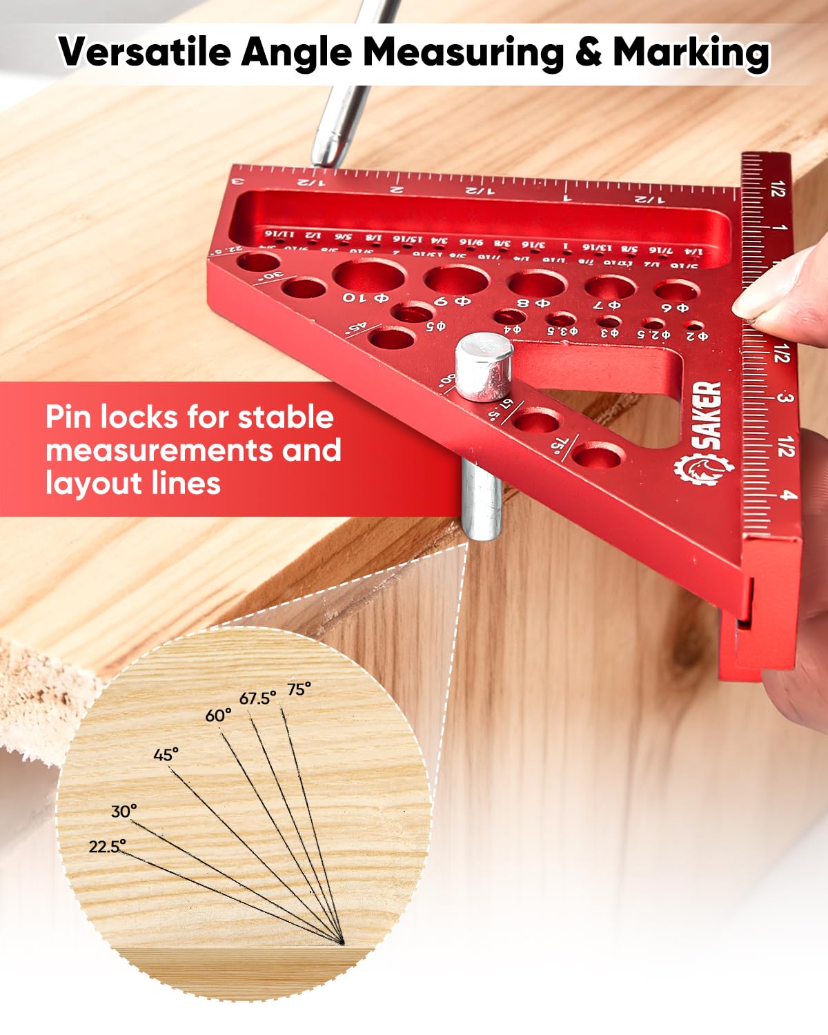 Saker 3D Multi-Angle Measuring Square Ruler, Aluminum Alloy Carpenter Square, 0-90° Precision Hole Scribing Ruler with Angle Pin for Woodworking, Engineering, and Construction Projects