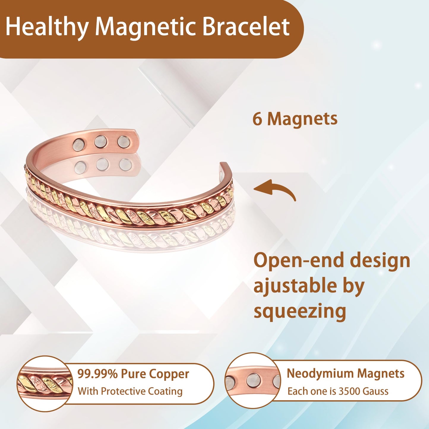 EnerCoppeX Copper Magnetic Bracelet for Women - Detox Jewelry with 3500 Gauss Magnet, Adjustable Cuff Bangle (X)
