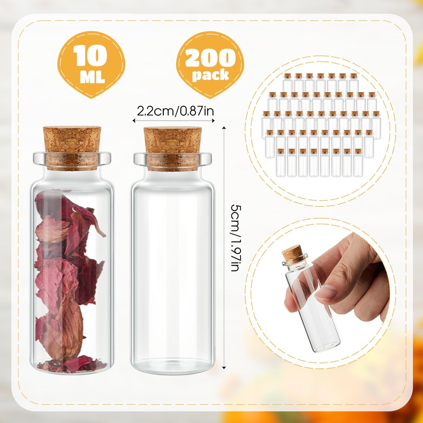 Bokon 200 Pack Mini Glass Jars with Lids 10 ml Small Glass Bottles for Crafts DIY Wedding Graduation Party Favors Message Storage Containers Bulk Tiny Vials for Gifts Decorations and Keepsake Use