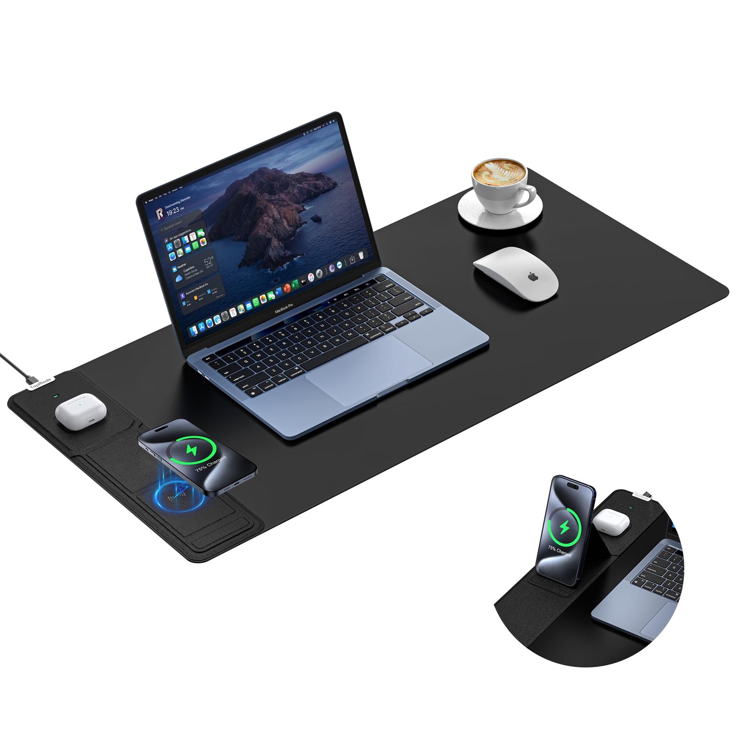 TopMade 4-in-1 Mouse Pad with 15W Wireless Charging, Foldable Phone Holder, 31.5" x 15.75" XXL Large Desk Pad, Gaming Mousepad with Ultra-Smooth Surface, Non-Slip Base, Waterproof Desk Mat, Black