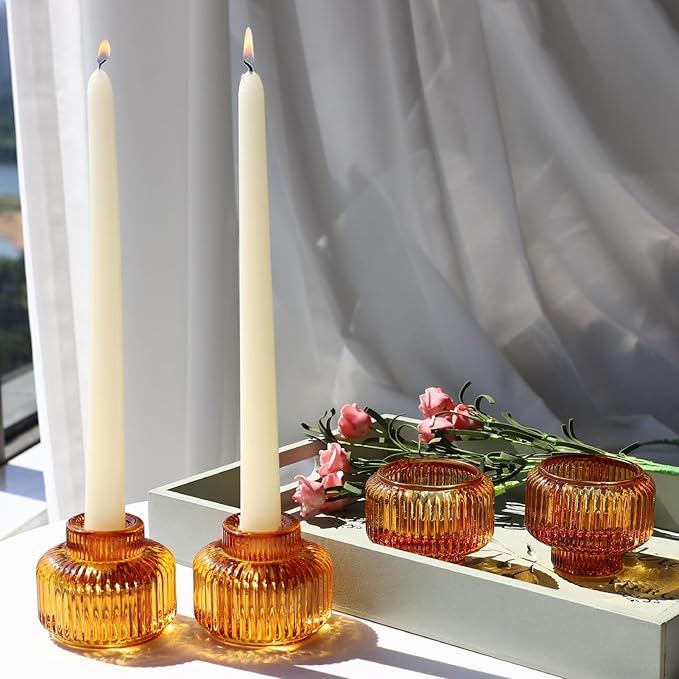 Woho Candlestick Holders Set of 4, Amber Votive Candle Holders for Fall Wedding Table Centerpiece, Ribbed Glass Taper Candle Holders for Dinner Party Halloween Thanksgiving Decor