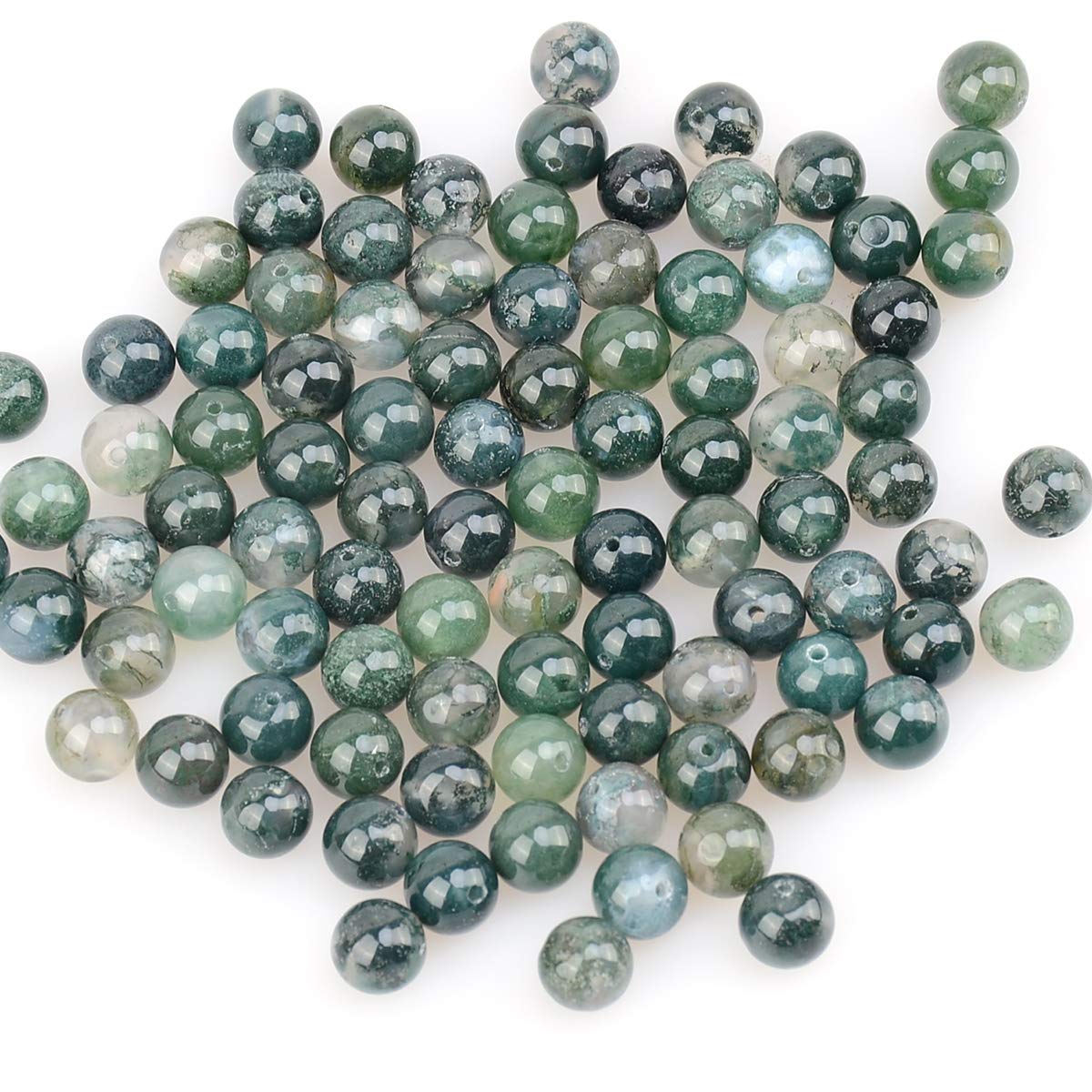 LPBeads 100PCS 8mm Natural Moss Agate Beads Gemstone Round Loose Beads for Jewelry Making with Crystal Stretch Cord