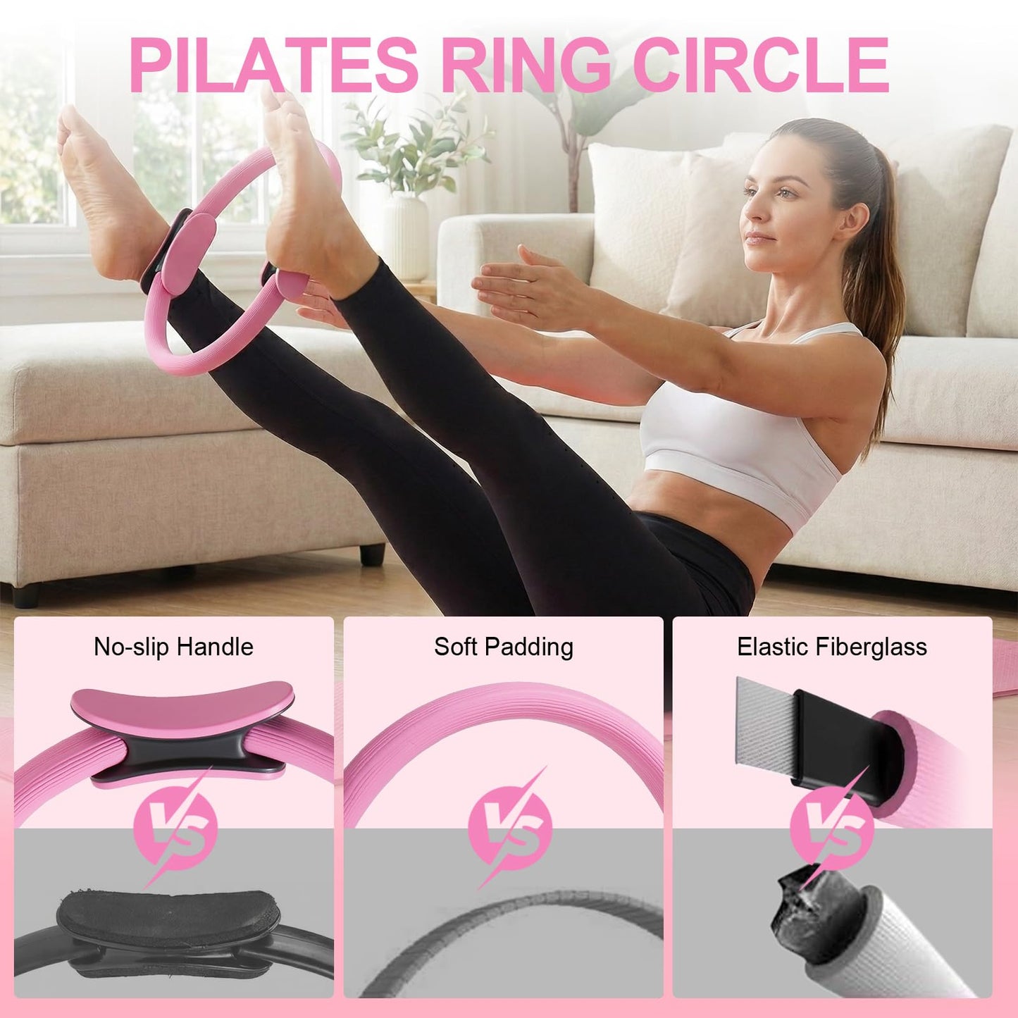 ElaraFit Home Pilates Ring and Ball Set for Women with 5 Resistance Bands 13 inch Magic Circle Workout Starter Kit for Beginners Full Body Toning 15 Min Daily Routine,Gradient Pink