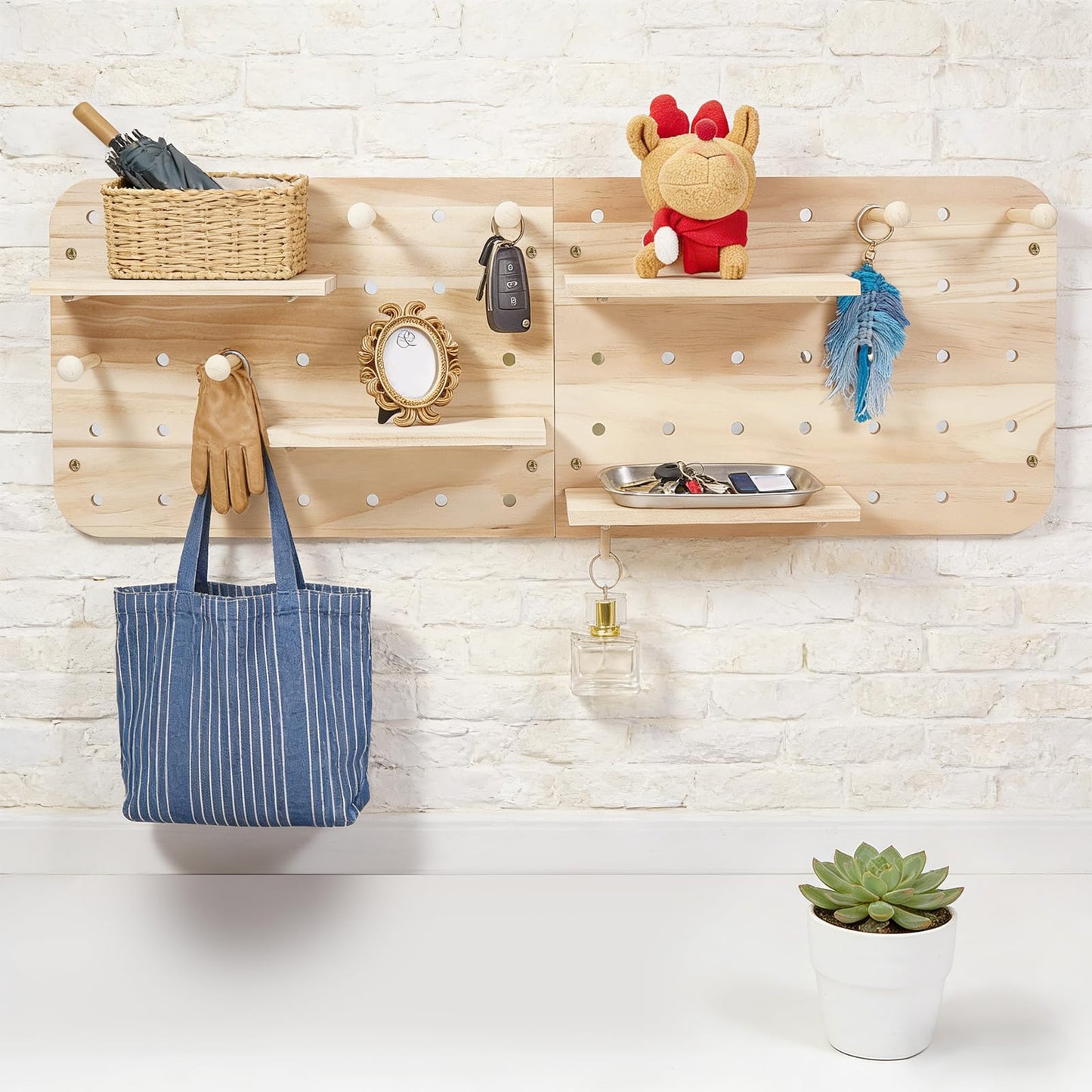 GLASSWINDS Wood Pegboard Wall Organizer Combination Kit, 2 Office Peg Board Panels with 18 Accessories, Modular Display DlY Storage Crafts Organization Wall Hooks Shelf for Bedroom Study Home
