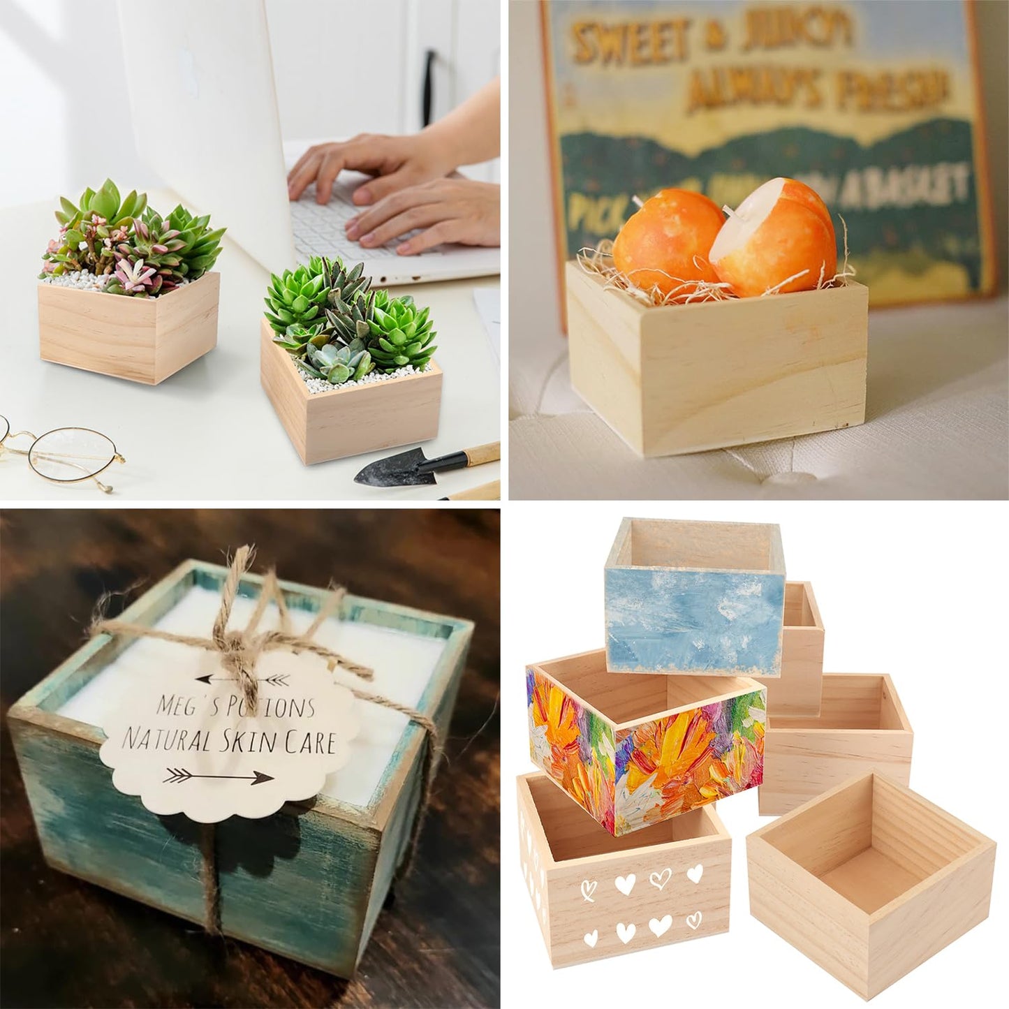 GNIEMCKIN 20 Pack 4 x 4 Inch Unfinished Small Square Wooden Box, Rustic Organizer Storage for DIY Crafts, Collectibles, Succulents, Desktop Drawer Decor