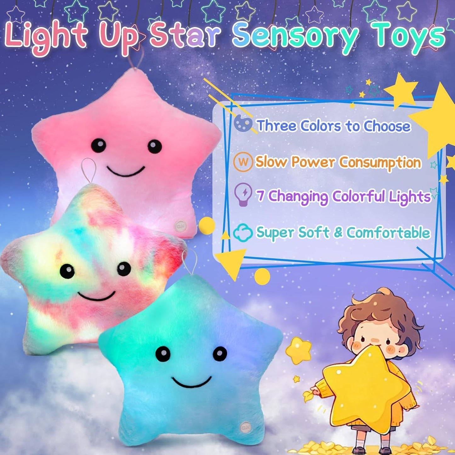 Subao Sensory Toys for Toddlers,14" Star Plush Soft Toddler Pillow Light Up Autism ADHD Toys,Special & Autism Needs,Birthday Xmas Gifts for Girls Age 3 4 5 6 7 8 9 10 11 Colorful