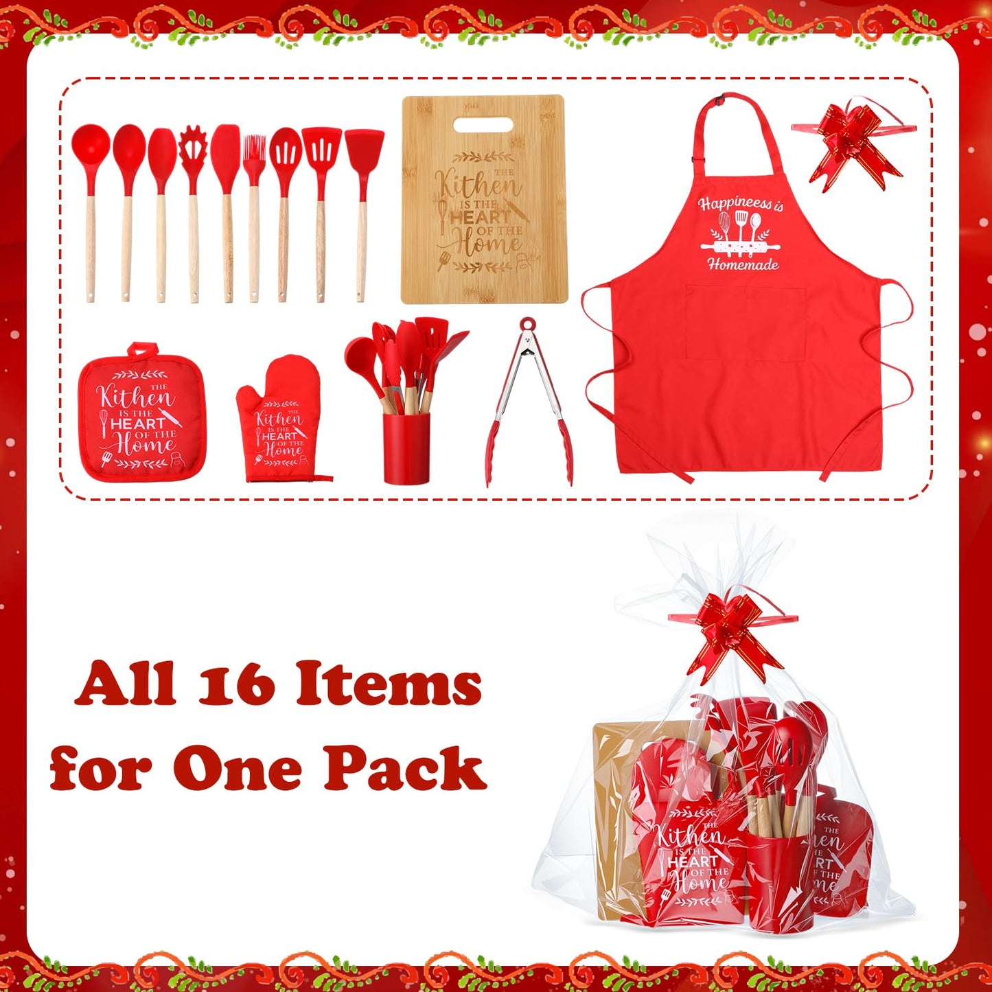 Widecook Christmas Kitchen Gifts Cooking Utensils Set with Holder Apron Pot Holders Oven Mitts Wooden Cutting Board Baking Gift Set Christmas Kitchen Cooking Tools for Baking Supplies Decoration