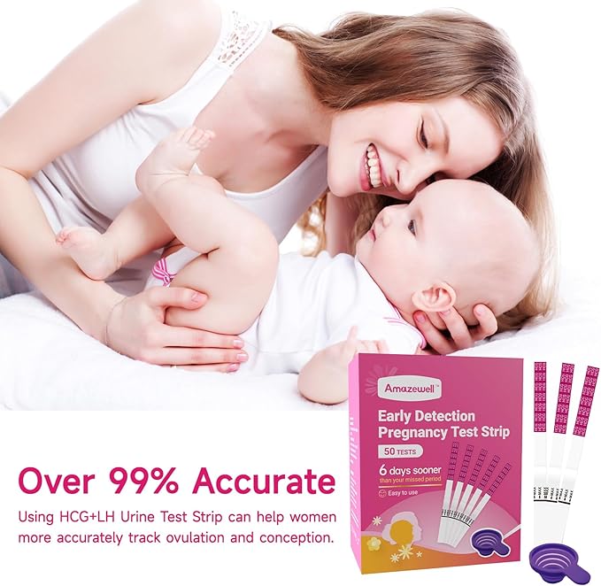 50 Count Pregnancy Tests with Cup,Pregnancy Test Strips for Home Detection, Over 99% Accuracy, Individually Wrapped, 5mm Width HCG Test Kit, Fertility Value Pack, Prueba de embaraz