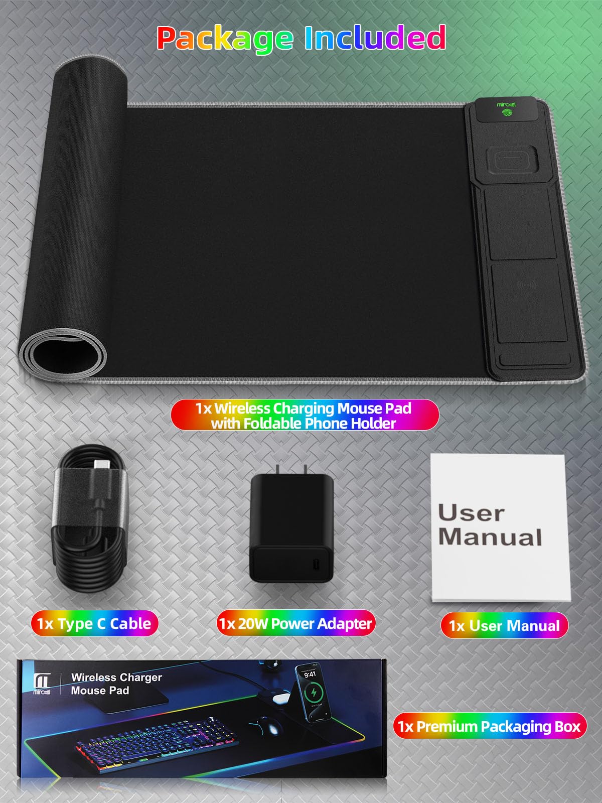 Mouse Pad with Foldable Phone Holder & Wireless Charger, XXL RGB Gaming Mousepad 31.5"x15.8" Large Desk Mat for Keyboard, Black Desk Pad with Dual Qi Charging Station | 11 Colors 5 Modes | Waterproof