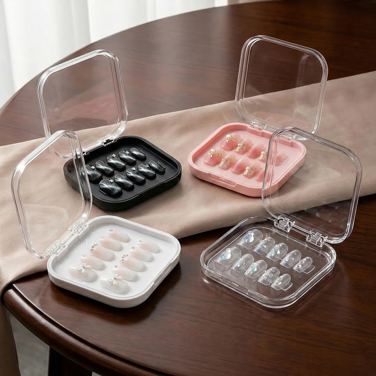 16PCS Press on Nail Storage Box 4 Colors Acrylic Organizer Nail Case Nail Display Case Nail Display Box Artificial False Nail Box with Double Sided Adhesive Nail Tape Suitable for Press on False Nail
