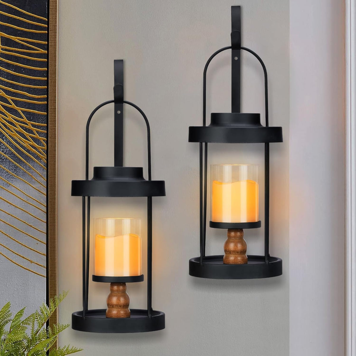 Metal Wall Sconce Candle Lantern Set of 2 - Black Wall Mounted Wood and Metal Hanging Holder with Glass & Candles Vintage Wall Decor for Porch, Living Room, Dining Room, Bedroom Indoor Decor
