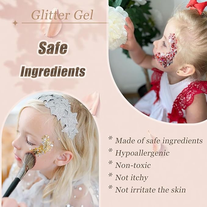 Face Body Glitter, Hair Glitter Sparkles Chunky Face Glitter Gel for Girls Makeup Singer Concerts Mermaid Festival Sequins Face Paint (White+Silver+Pink+Gold+Light Blue+Green+Rose Red)
