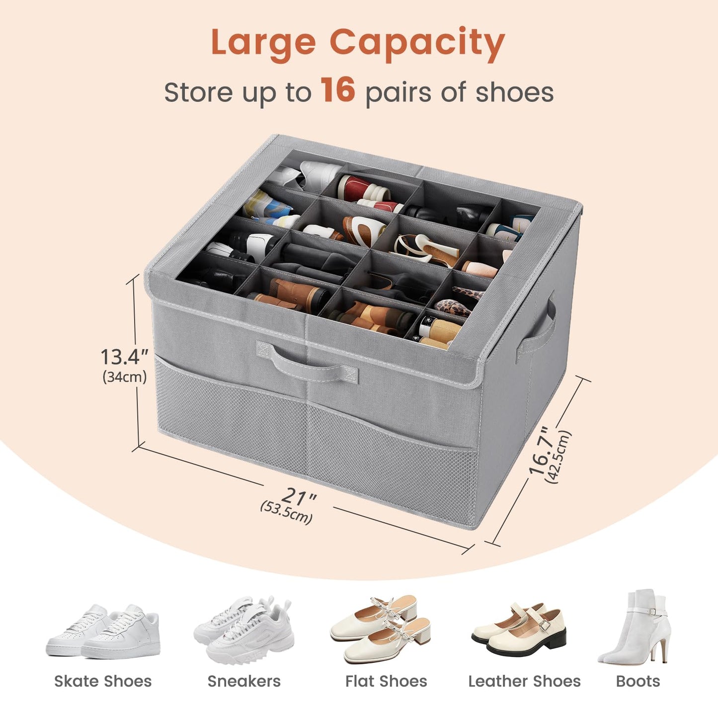 PHINOX Shoe Organizer for Closet, Fits up to 16 Pairs, Shoe Storage Bins with Clear Cover and Reinforced Handles, Foldable Shoe Storage Organizer, Space Saving Shoe Holder for Wardrobe, 2 Pack Grey