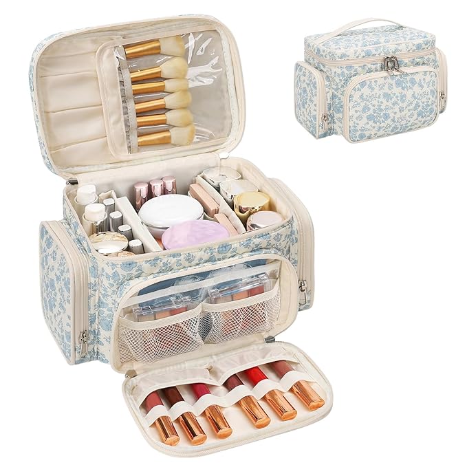 Large Cotton Makeup Bag, Quilted Floral Makeup Bag Organizer for Women Girls with Makeup Brush Compartment & Two Side Pockets, Cosmetic Travel Bag Vertical Storage- Blue Flower